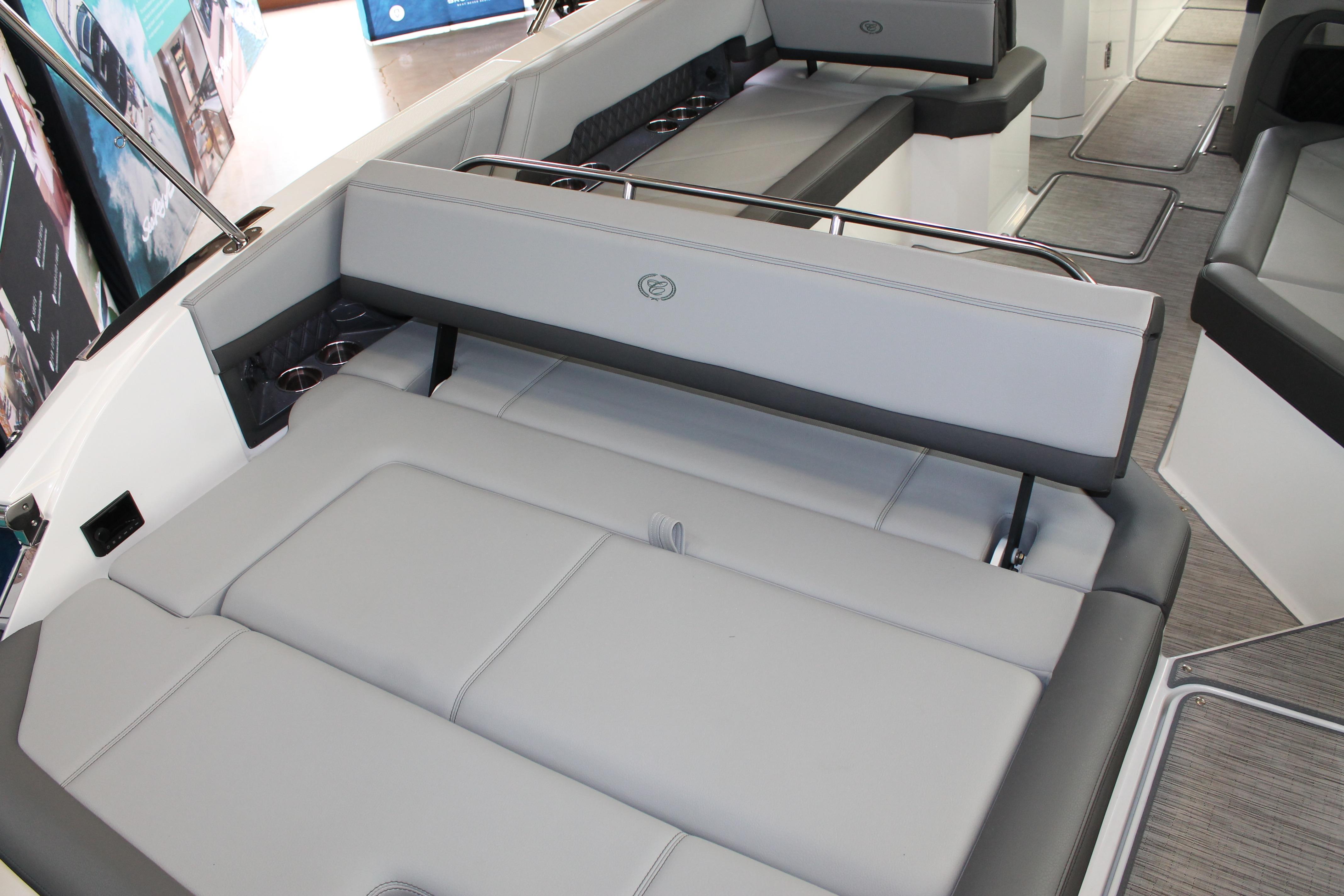 2023 Cobalt R8 boat interior with luxurious gray seating and modern design.