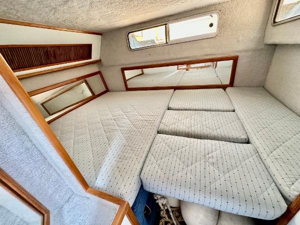 Interior cabin of 1987 Sea Ray 270 Sundancer with cushioned sleeping area.