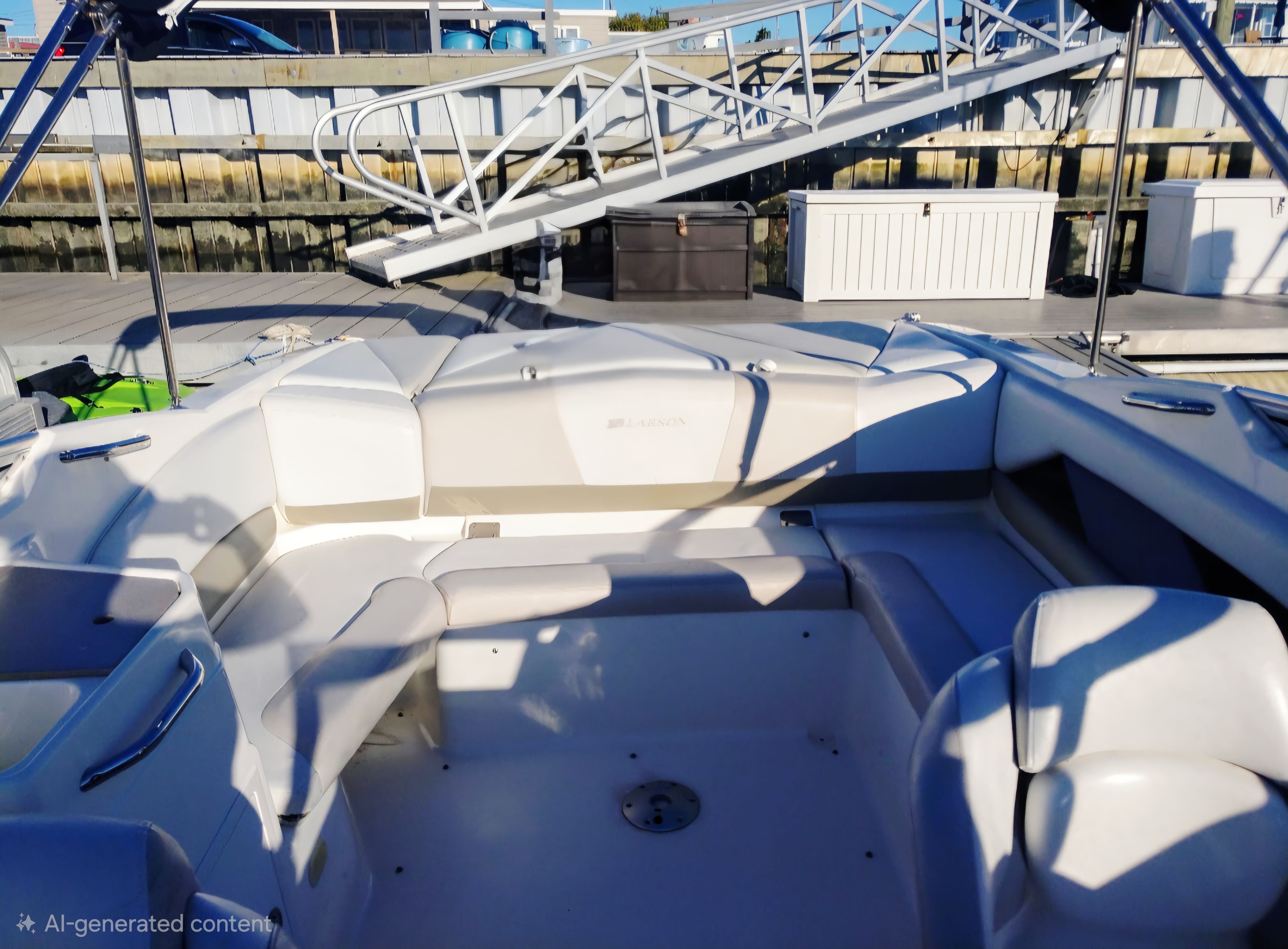 Interior of a 2007 Larsen LXi 268 boat at the dock.