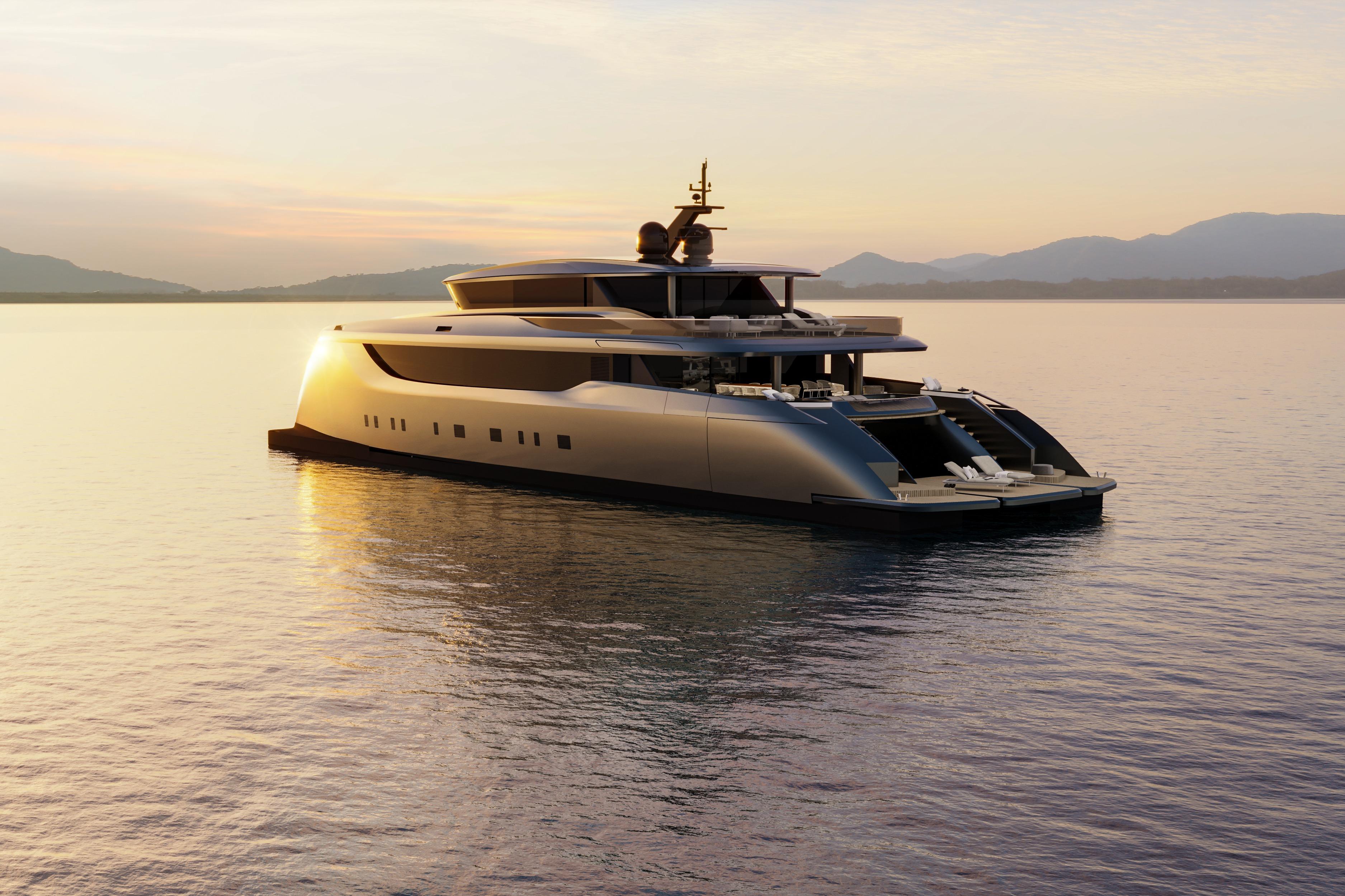 Luxurious 2026 Sunreef 40M Explorer Eco yacht at sunset on calm waters.