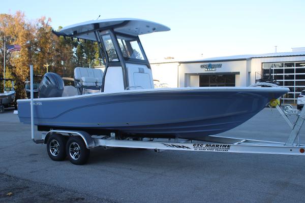2025 Sea Fox 231 Bay Fox boat on trailer, parked outdoors.