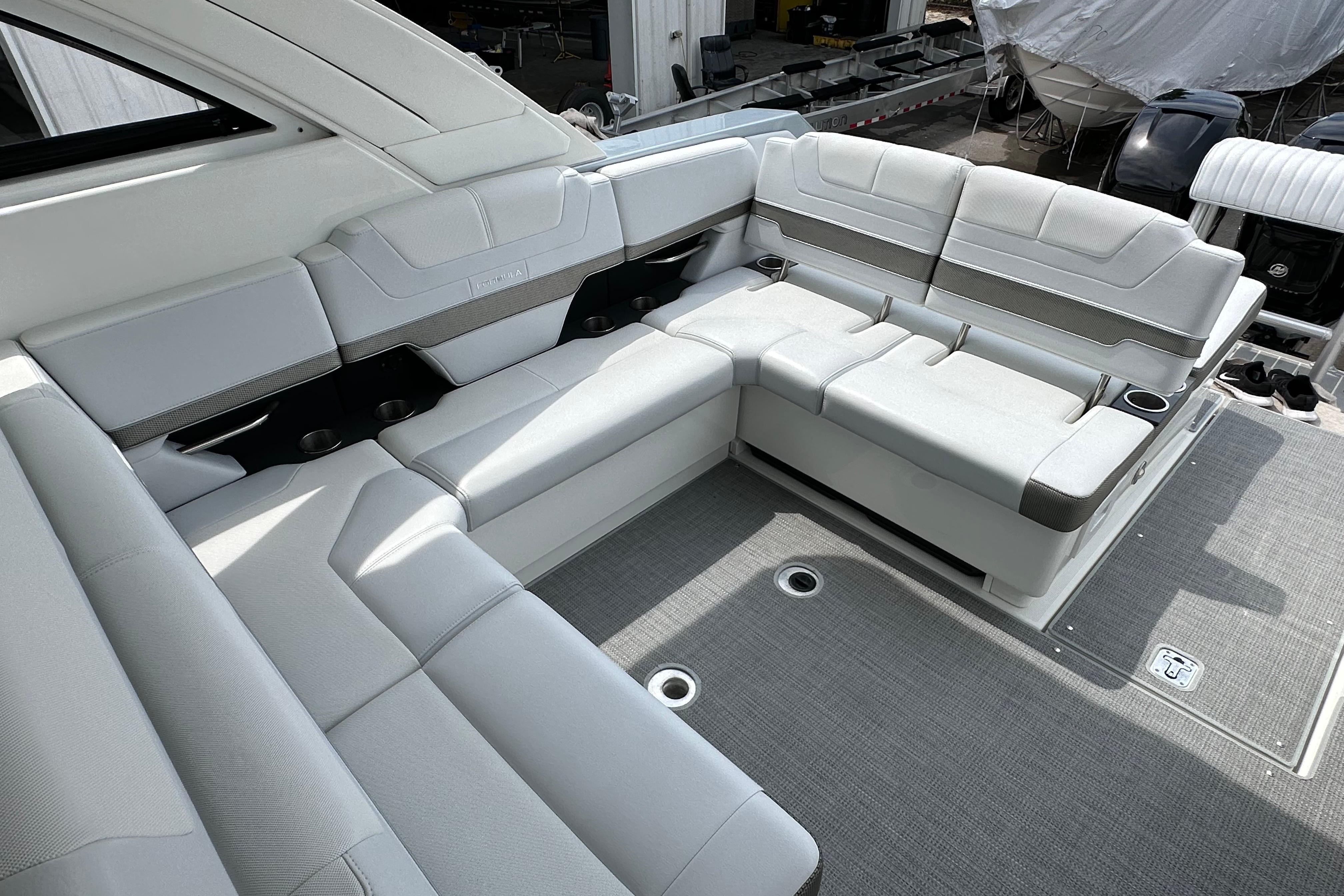 Luxurious seating area on a 2021 Formula 380 Super Sport Crossover OB boat.
