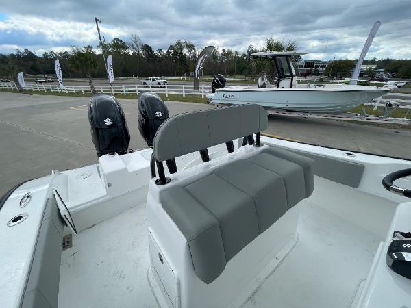 2026 Cape Horn 24XS boat interior with dual outboard motors and seating.