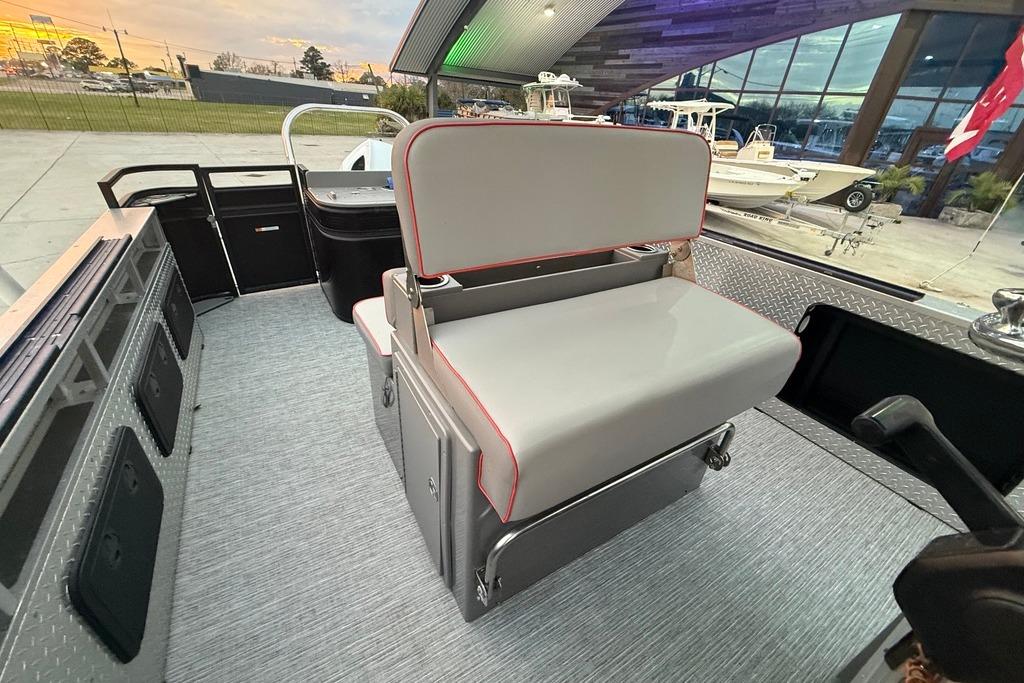 2022 Apex Marine 8524 Pro Fish N Cruise boat interior with seating and storage compartments.
