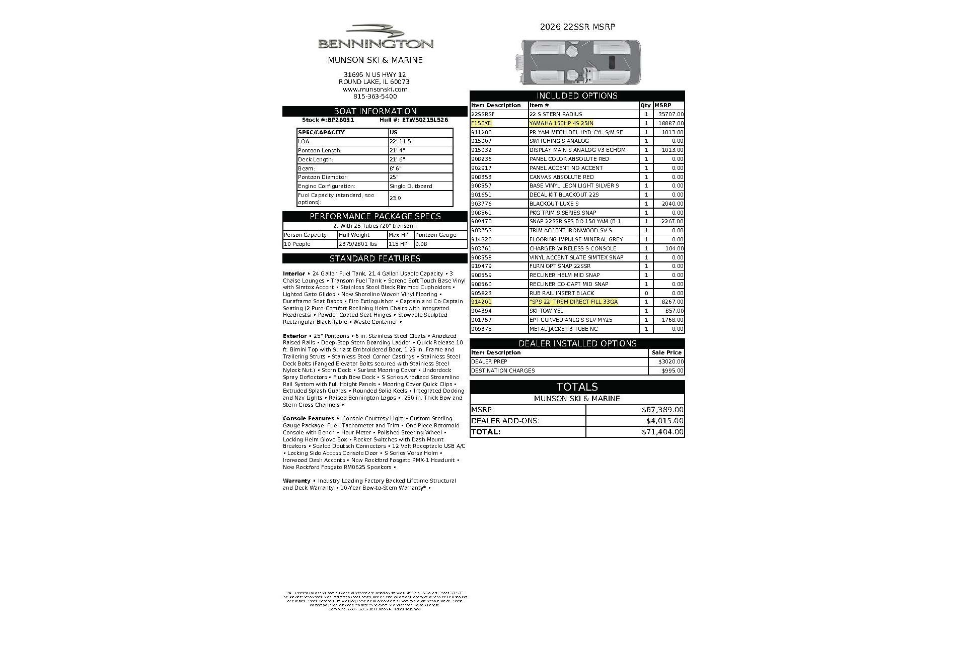 2026 Bennington 22 SSRSF boat specifications and pricing details sheet.