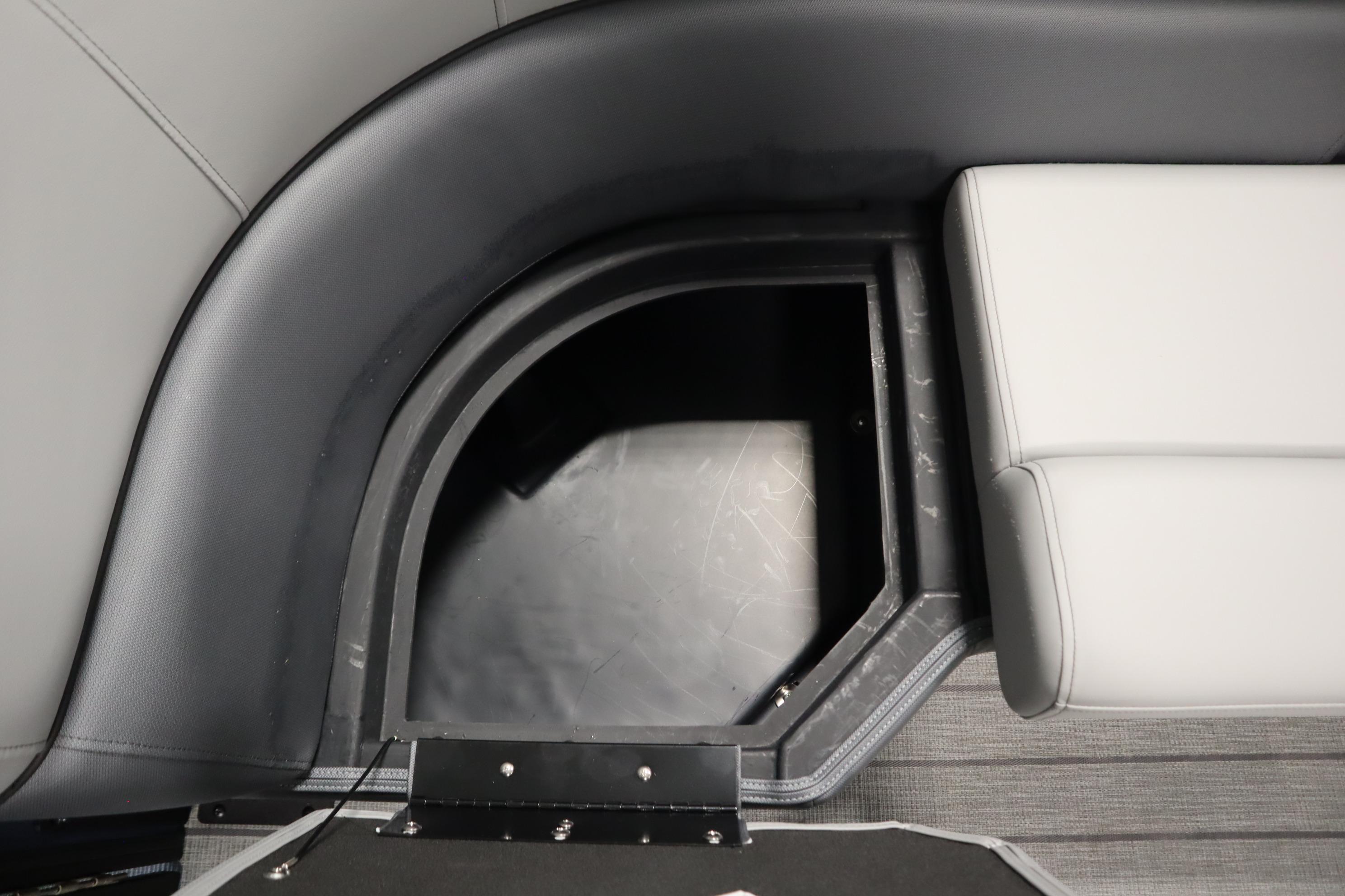 2025 Bentley Pontoons Elite 253 Admiral Tri-toon interior storage compartment detail.