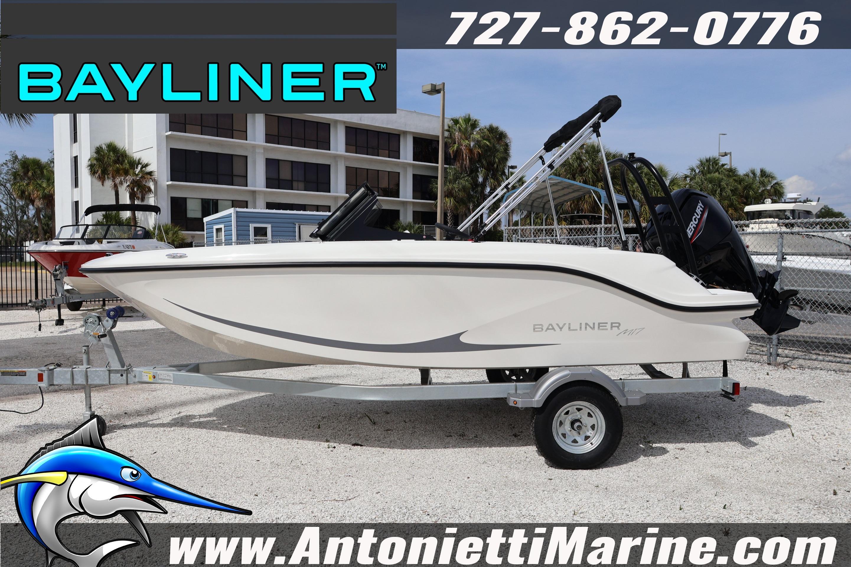 2026 Bayliner Element M17 boat on trailer at Antonietti Marine dealership.
