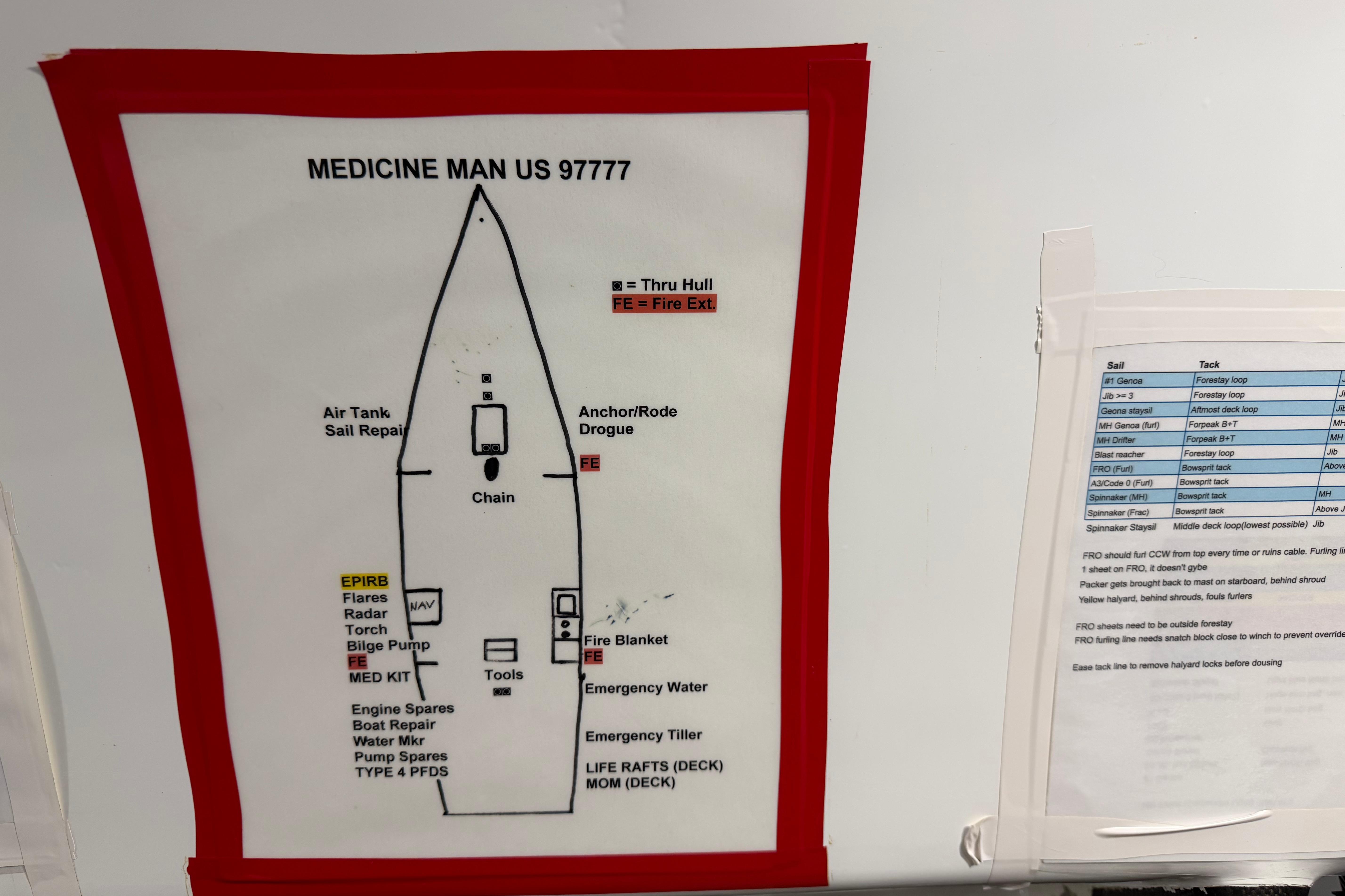 Diagram of Andrews 63 boat layout with safety equipment and emergency instructions.