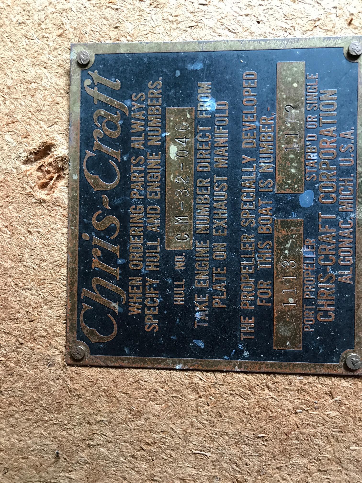 1954 Chris-Craft Commander identification plate with model and engine details.