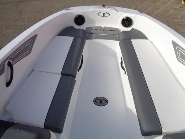 2024 Tahoe T21 boat interior with gray and white seating.