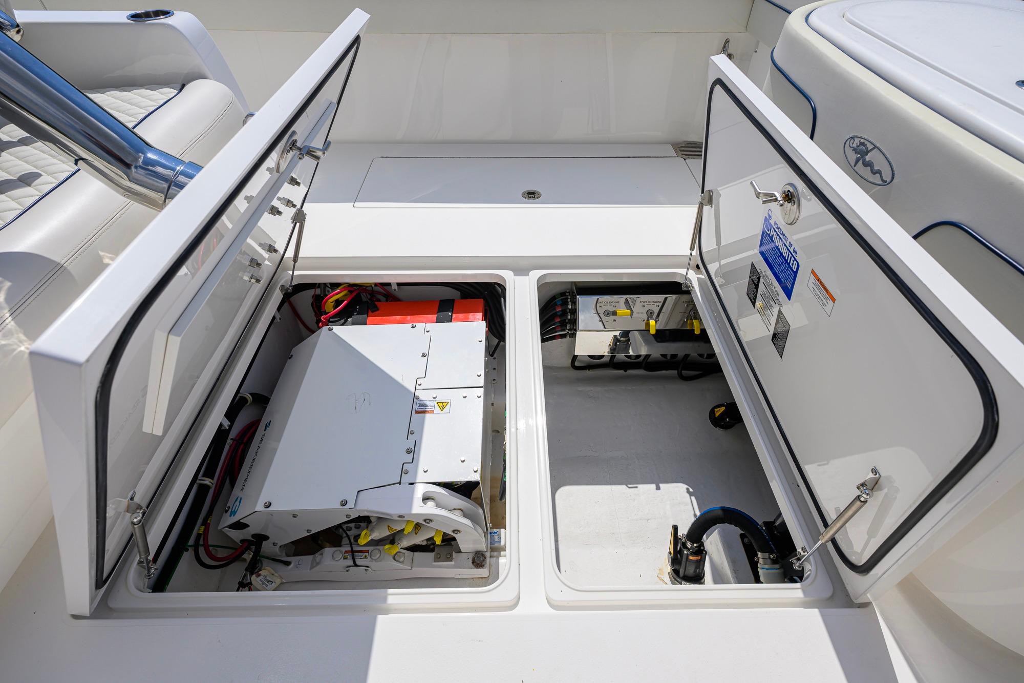2020 Valhalla Boatworks V-41 electrical compartment with open access panels.