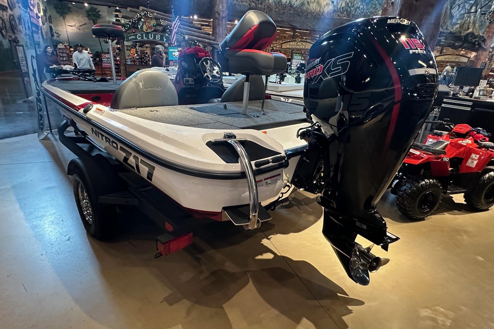 2026 Nitro Z17 boat with Mercury Pro XS engine displayed indoors.