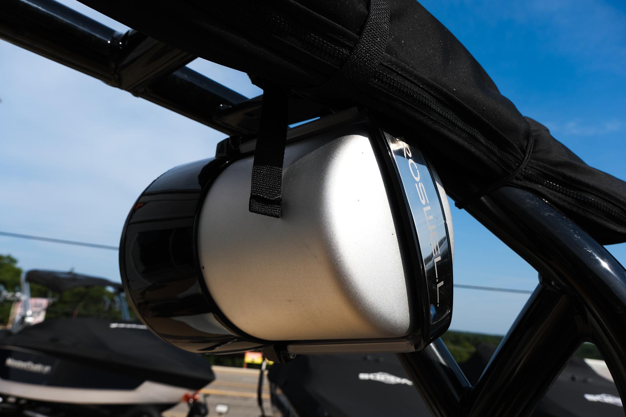 2023 Moomba Mondo boat speaker detail against blue sky background.