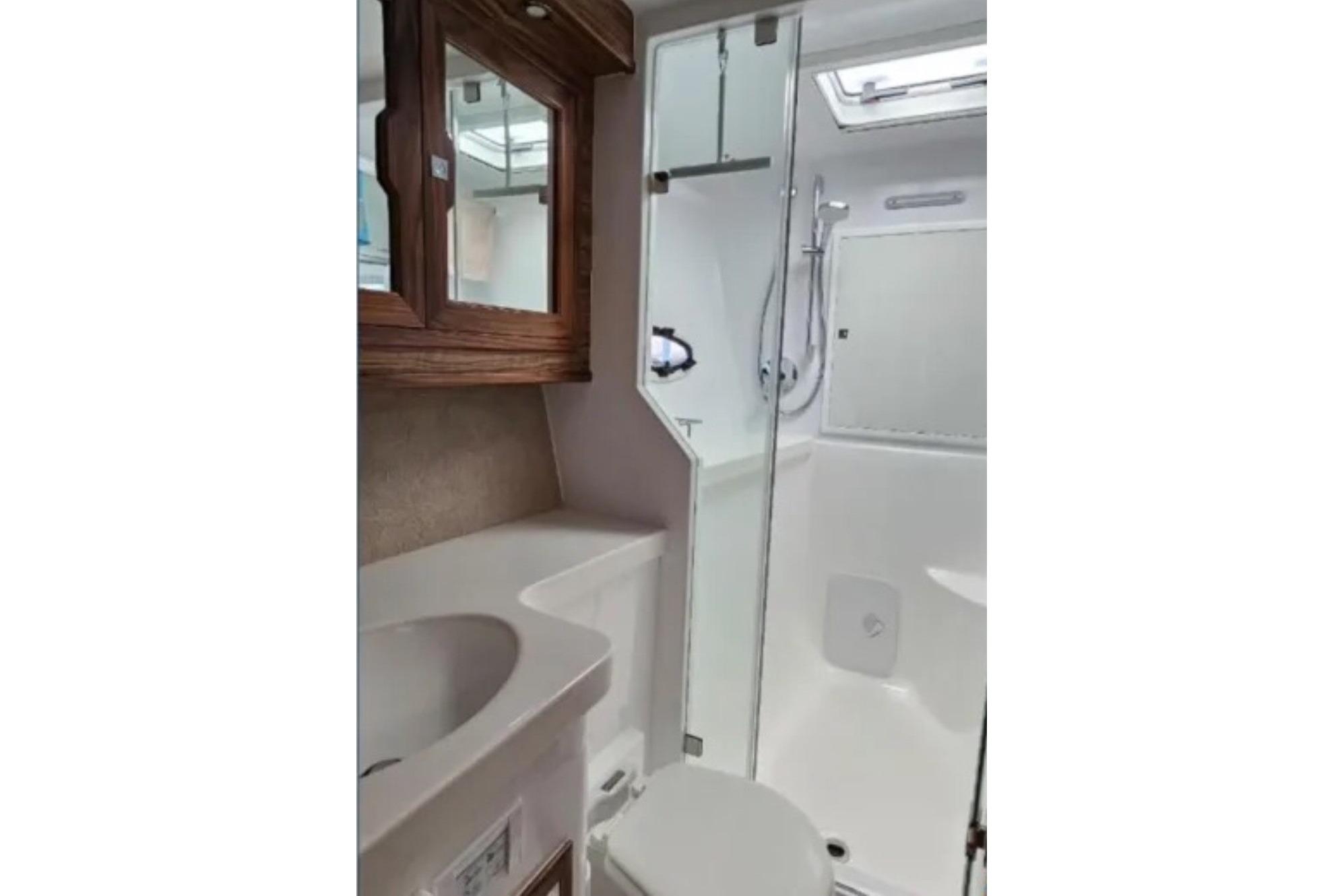 Modern bathroom interior in 2017 St Francis 500SE Special Edition yacht.