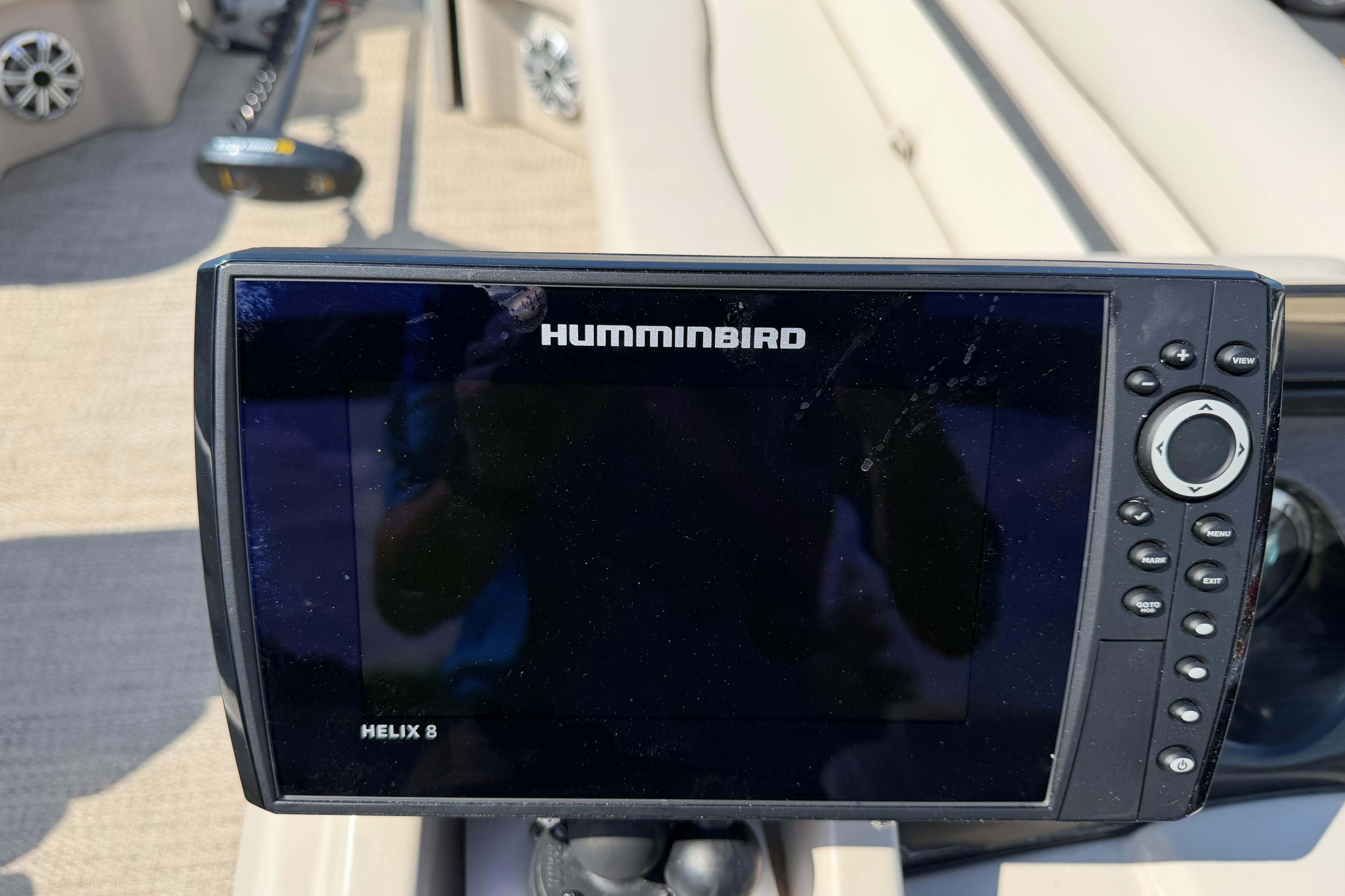 Humminbird Helix 8 fish finder on 2018 Bennington 21 SF boat dashboard.