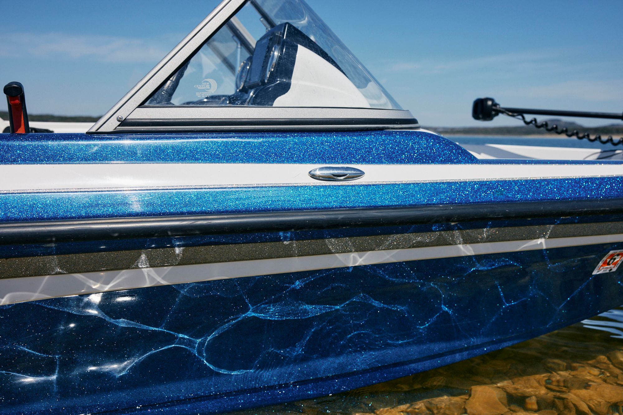 Close-up of a blue Nitro Z19 Sport boat, model year 2020.