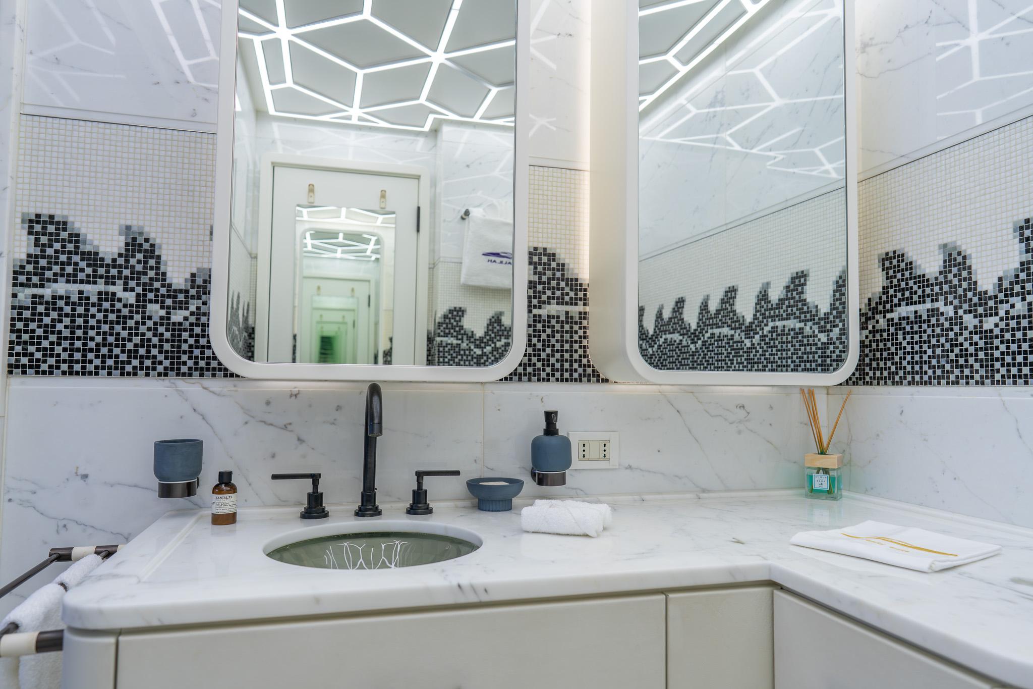 Luxurious bathroom on Palmer Johnson Custom yacht, 2014.