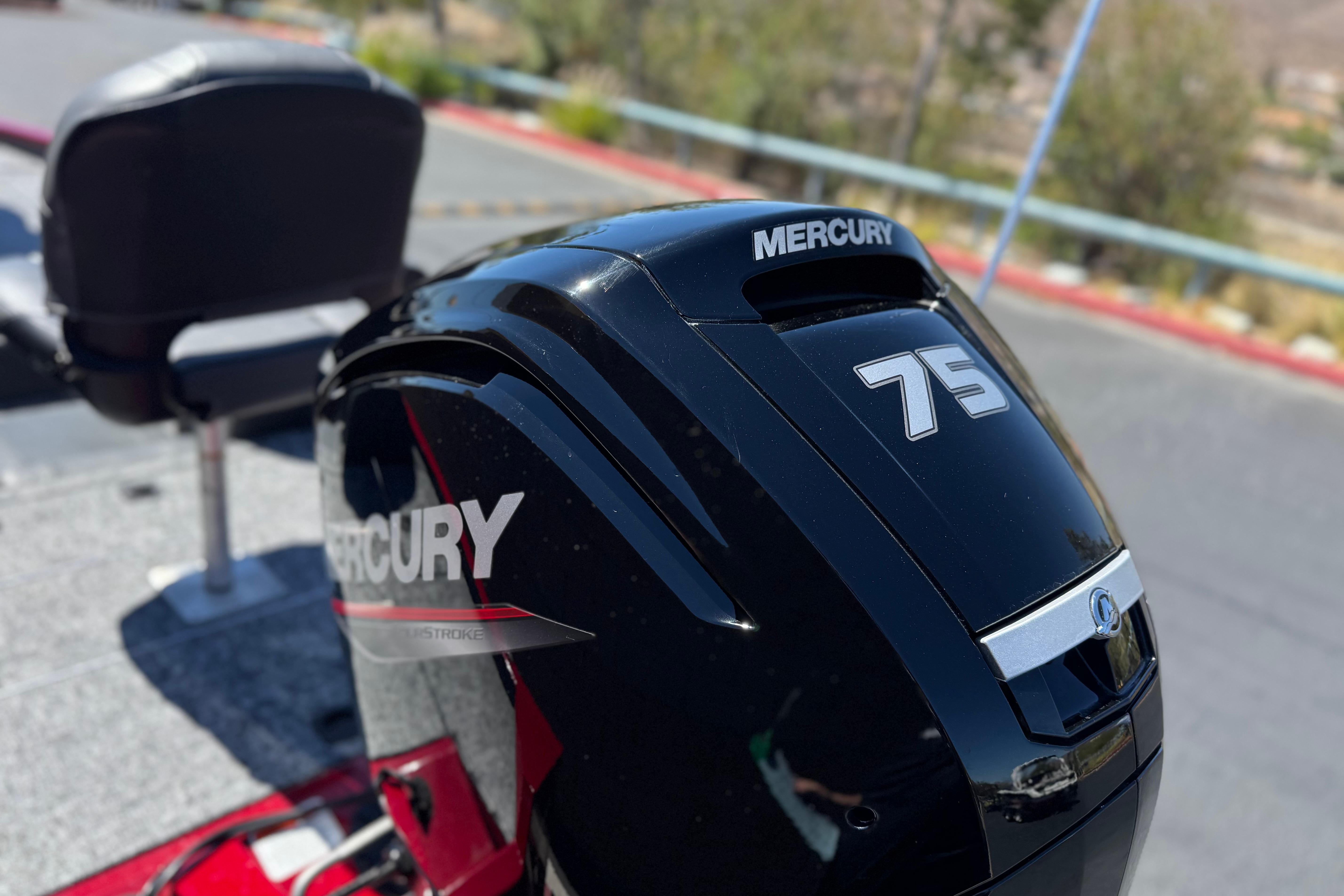 2025 Tracker Pro Team 175 TXW with Mercury 75 outboard motor, close-up view.