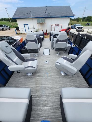 Interior of 2024 Viaggio Lago X22Q pontoon boat with luxurious seating.