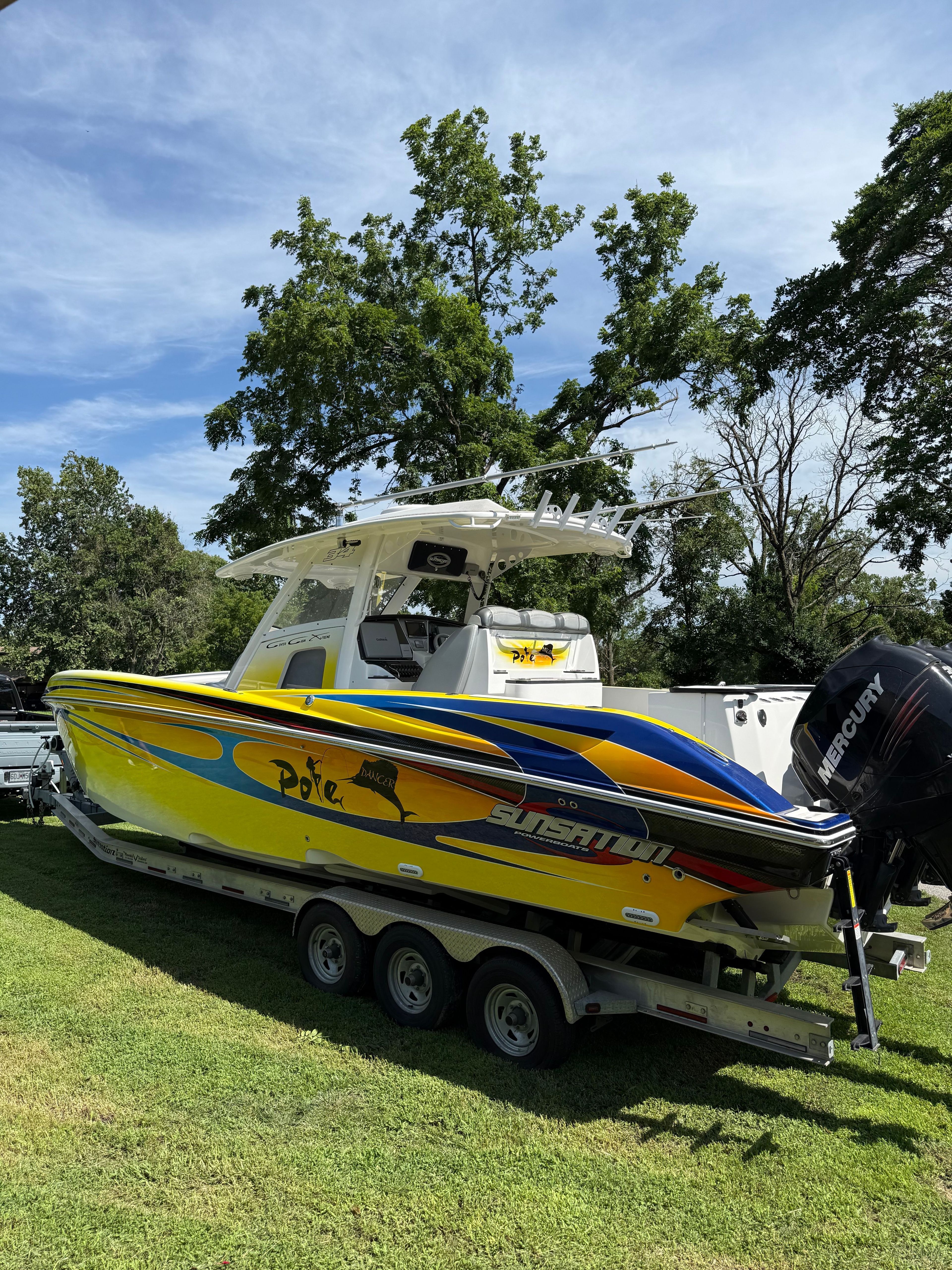 2014 Sunsation 34 CCX on a trailer in a grassy area.