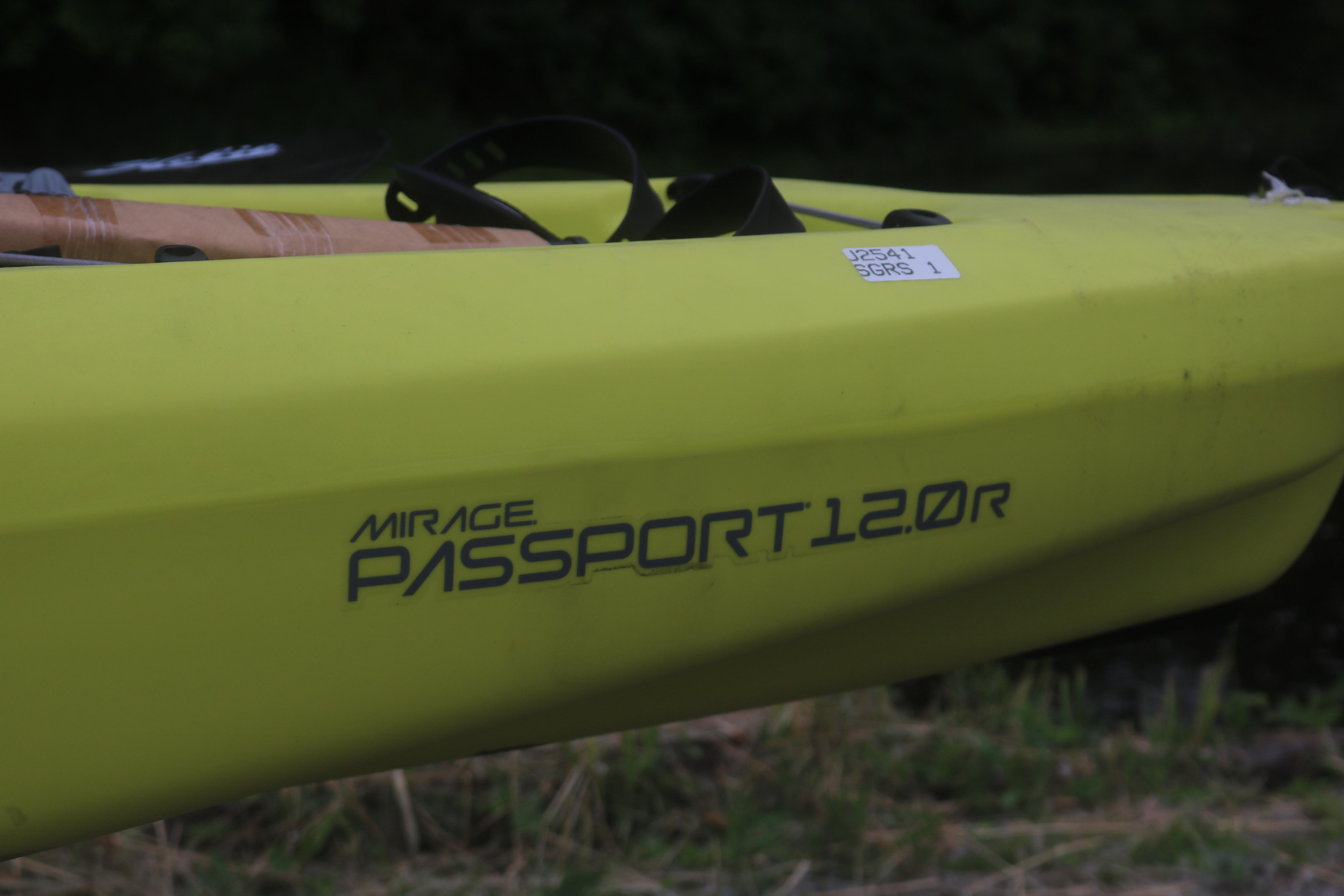 Yellow Hobie Mirage Passport 12.0 R kayak, 2025 model, close-up view.