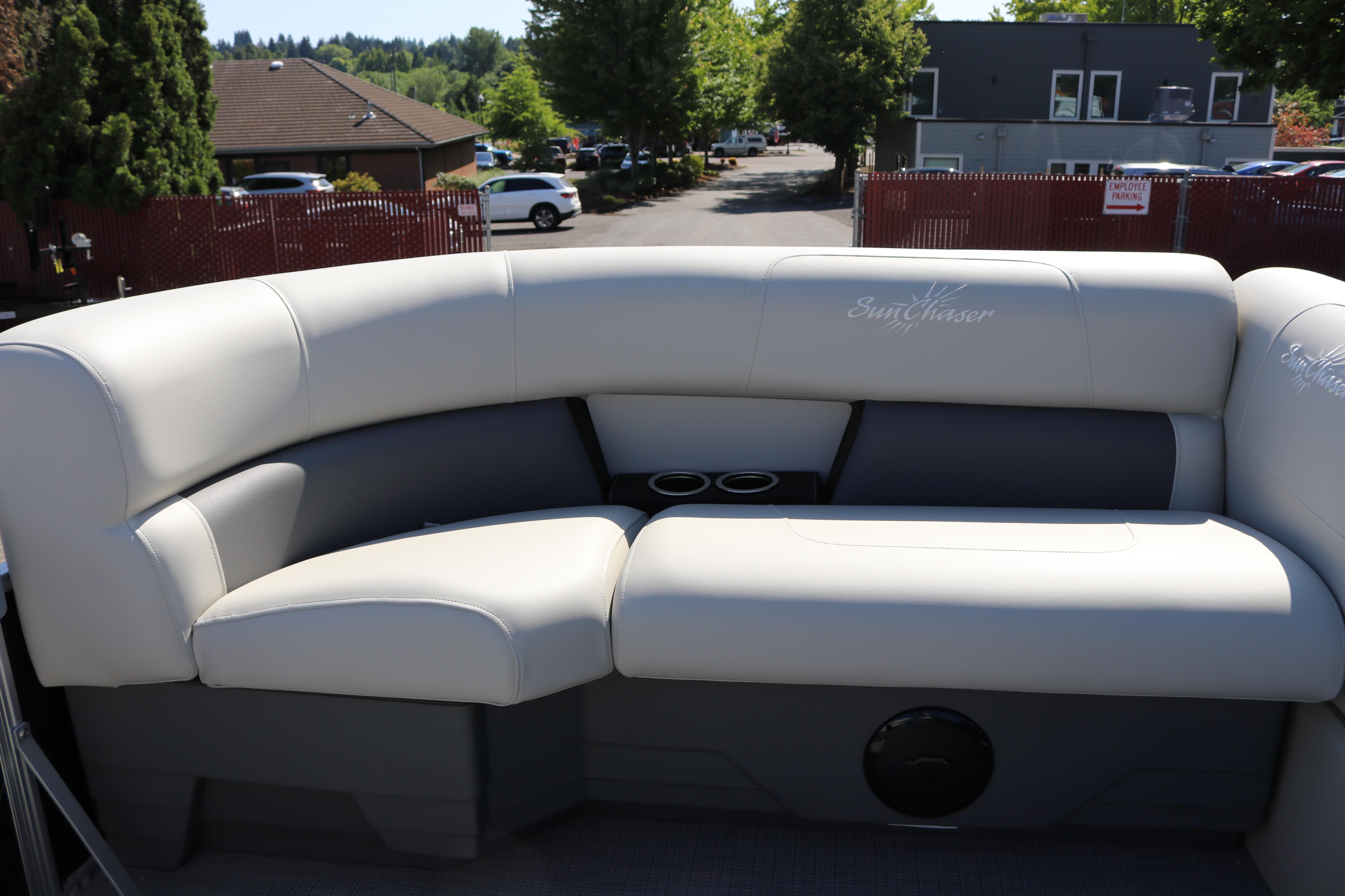 Luxurious seating on 2025 SunChaser Vista 20 Fish pontoon boat, featuring elegant upholstery.