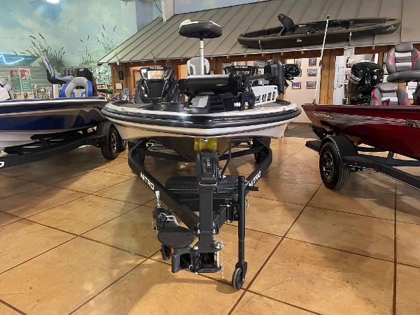 2025 Nitro Z18 Pro fishing boat displayed indoors, showcasing advanced features and sleek design.