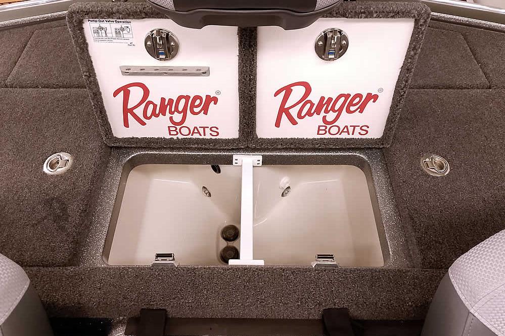 2026 Ranger Z519R Cup-Equipped boat interior with storage compartments and Ranger Boats branding.