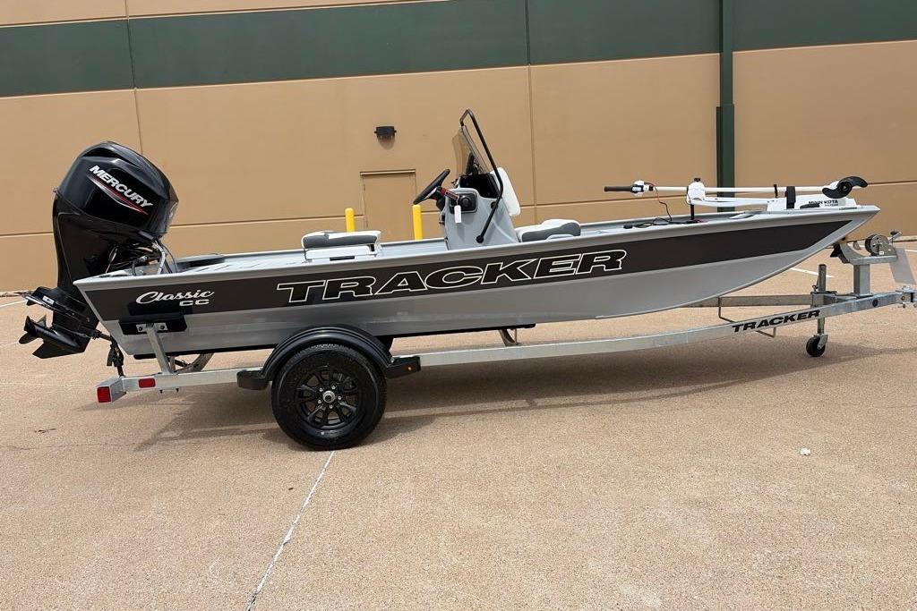 2026 Tracker Bass Tracker Classic CC boat on trailer, featuring Mercury outboard motor.