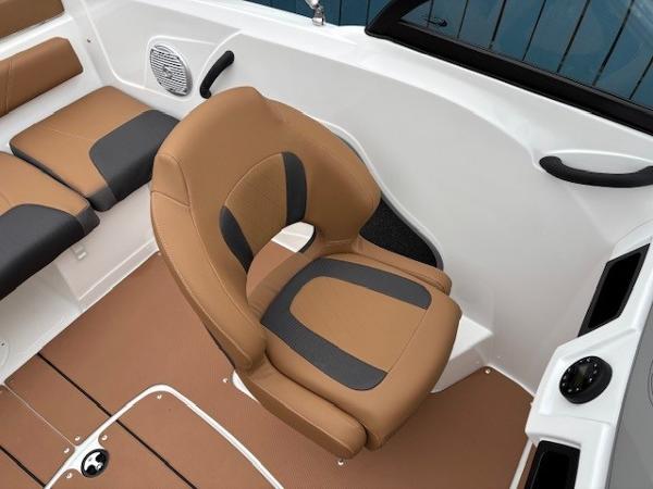 2025 Tahoe 185 S boat interior with tan and black seating.