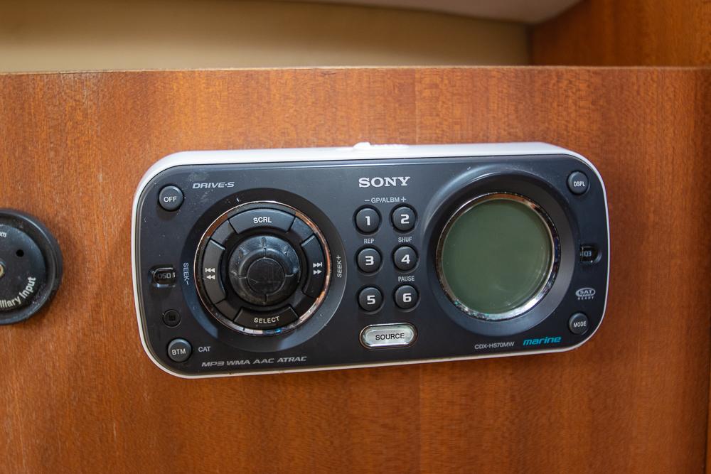 Sony marine audio system on 2009 Pro-Line 35 Express boat, mounted on wooden panel.