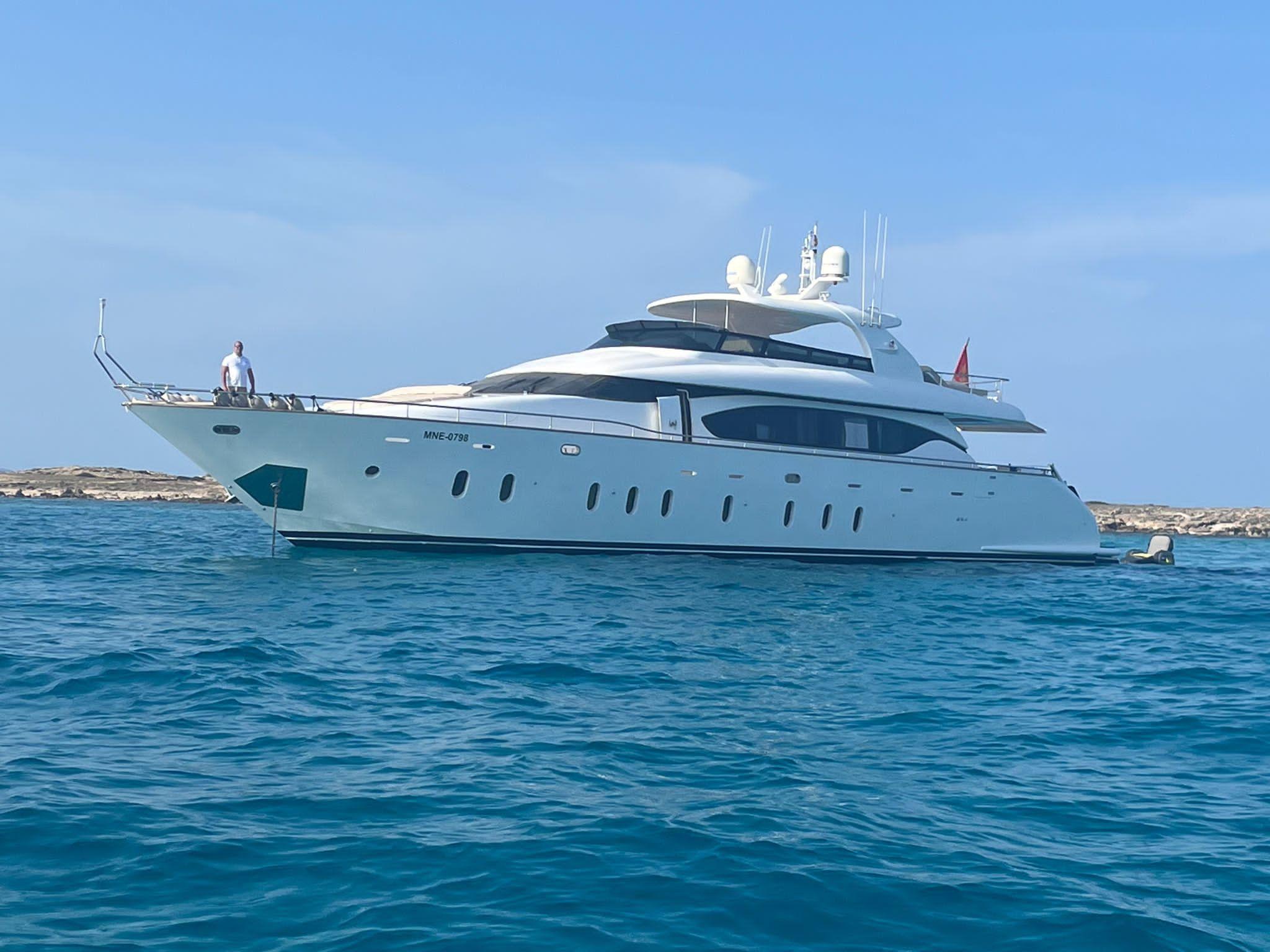 Luxury Maiora 27 yacht from 2011 on calm blue waters.