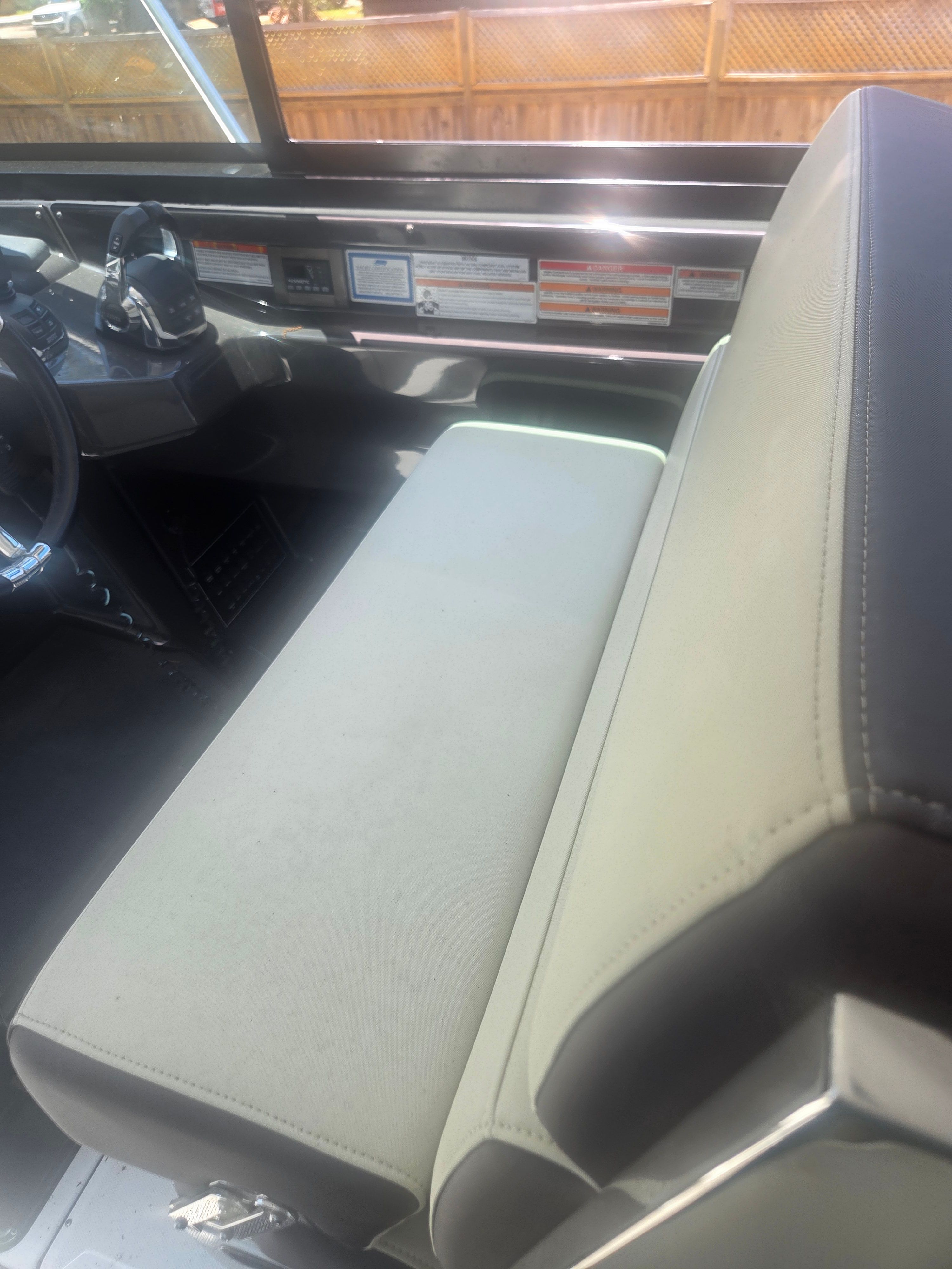 Interior of a 2019 Monterey 360SC boat with gray seating.