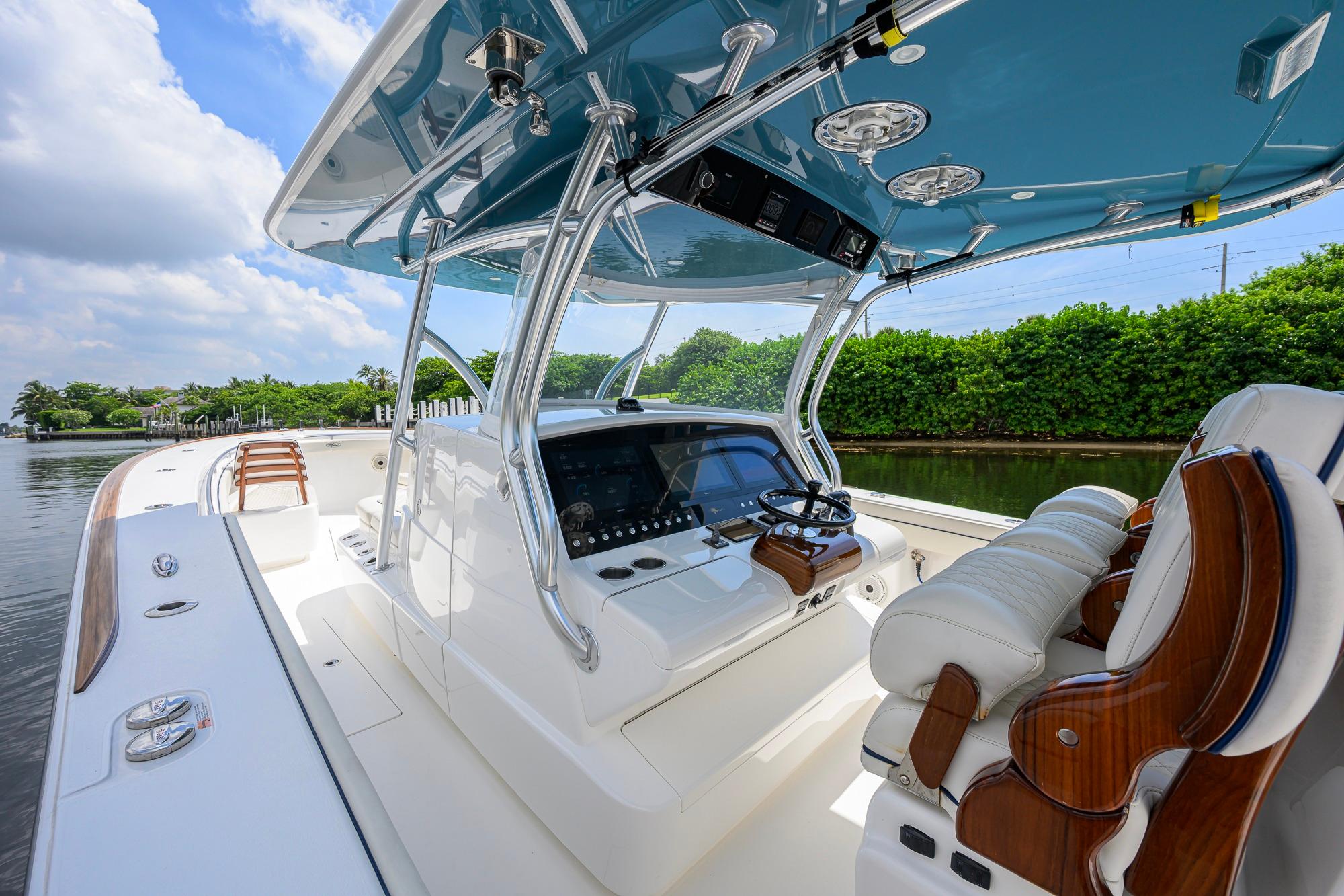 2020 Valhalla Boatworks V-41 interior with helm, luxurious seating, and sleek design.