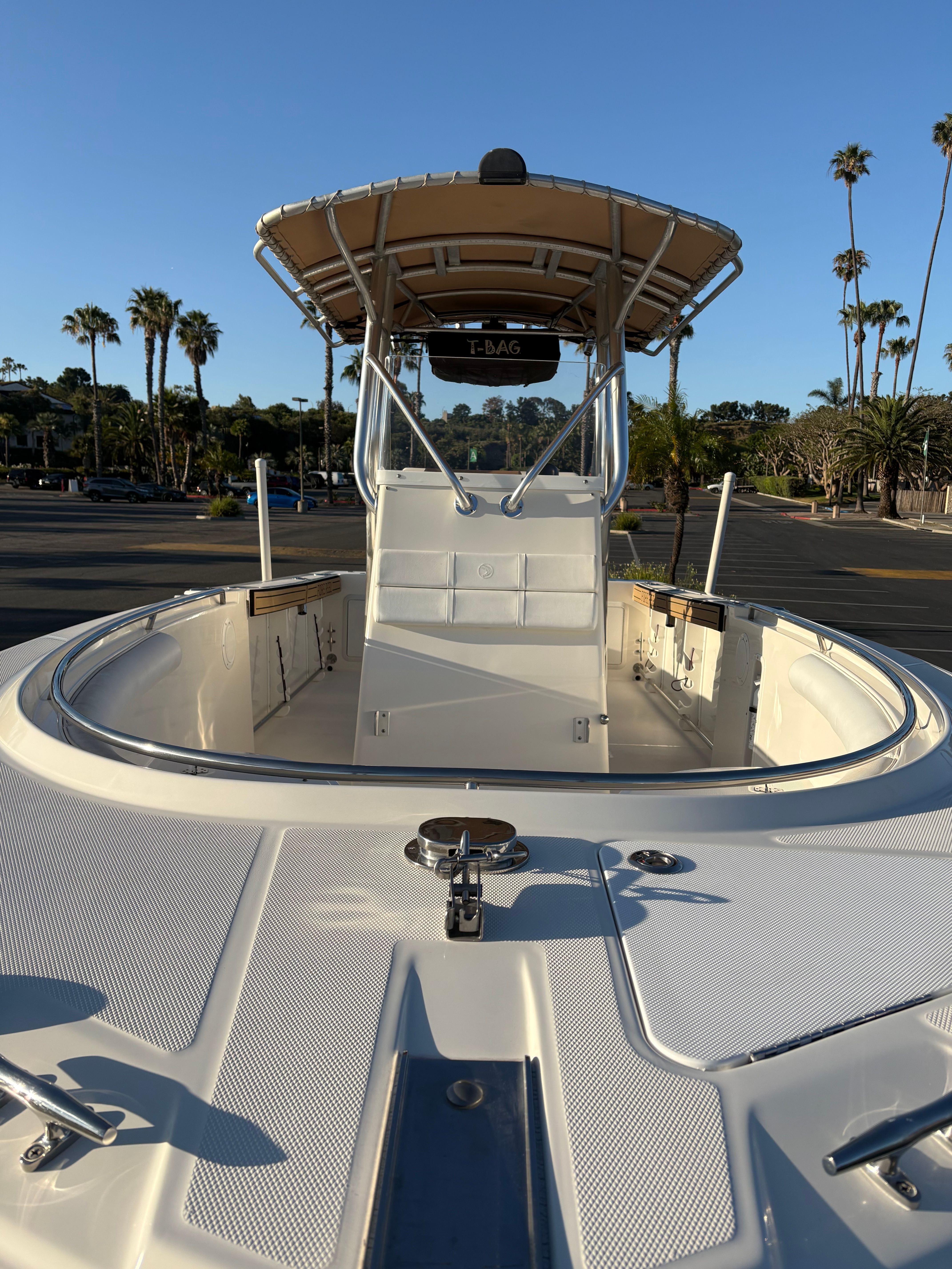 2008 Edgewater 228CC boat with T-top and palm trees in background.