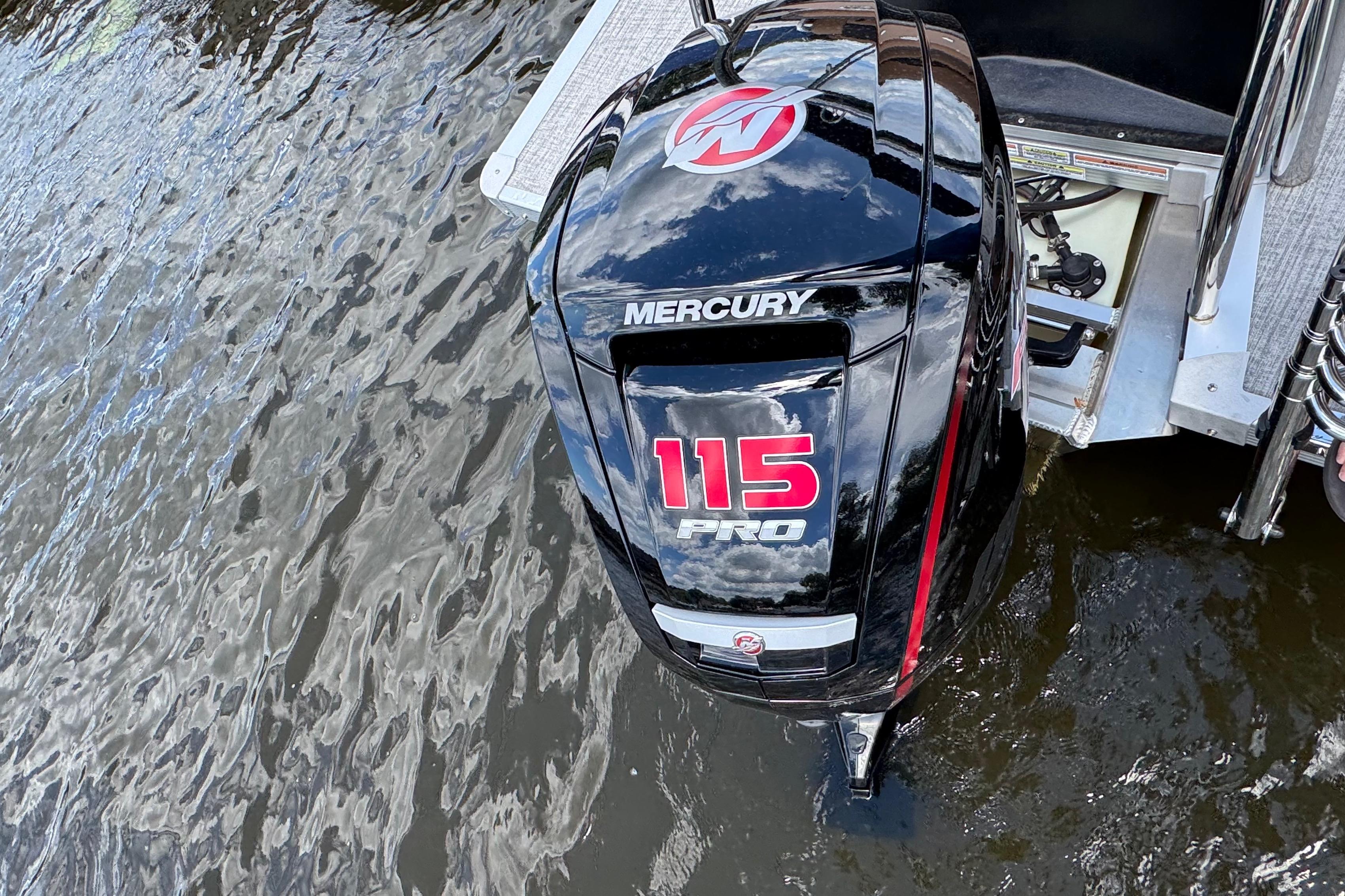 2026 Tahoe Pontoon Sport 85 with Mercury 115 Pro outboard motor on water.