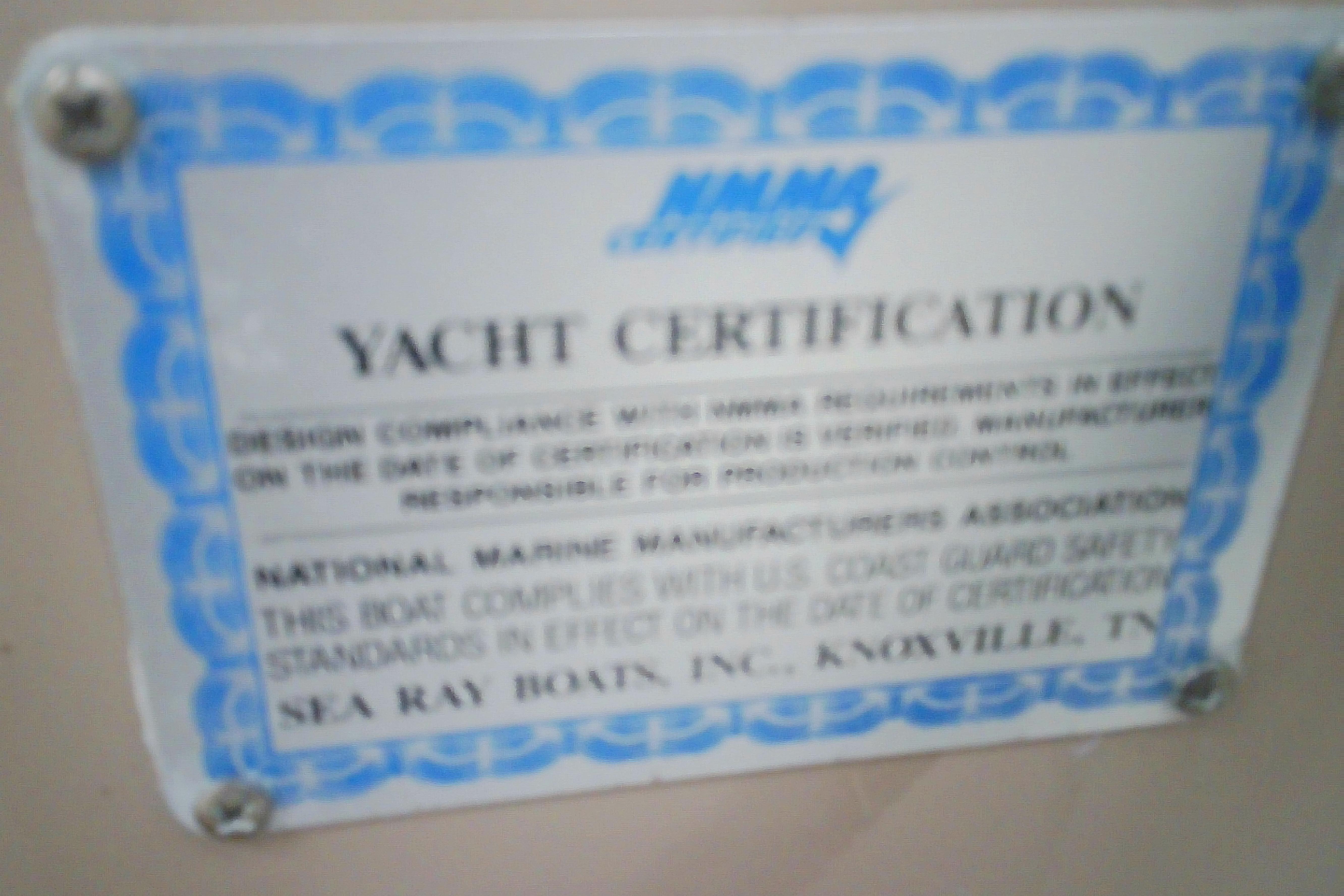 Yacht certification plaque for 2005 Sea Ray 300 Sundancer, Knoxville, TN.