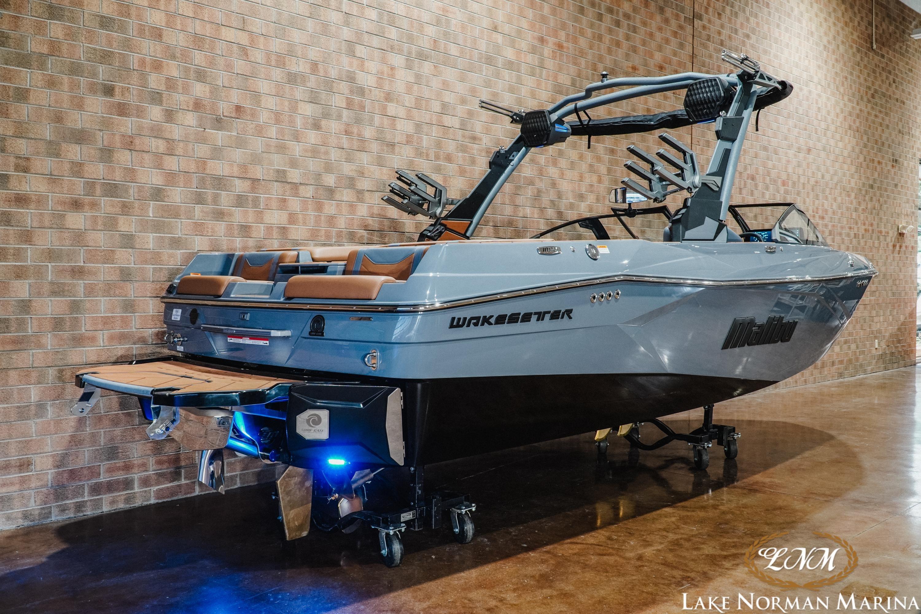 2026 Malibu Wakesetter 23 LSV boat displayed indoors at Lake Norman Marina.