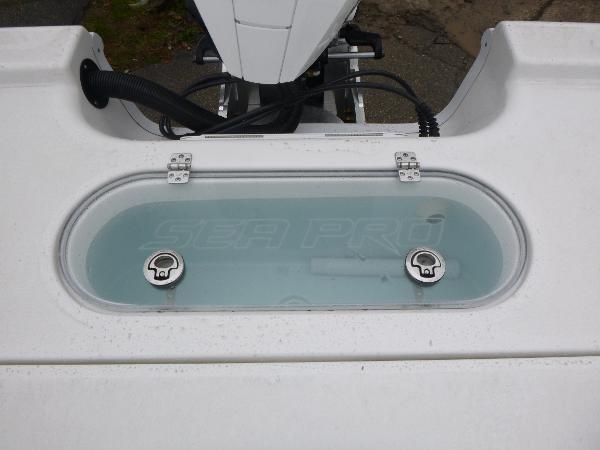 2025 Sea Pro 250 Bay livewell with clear lid and dual latches.
