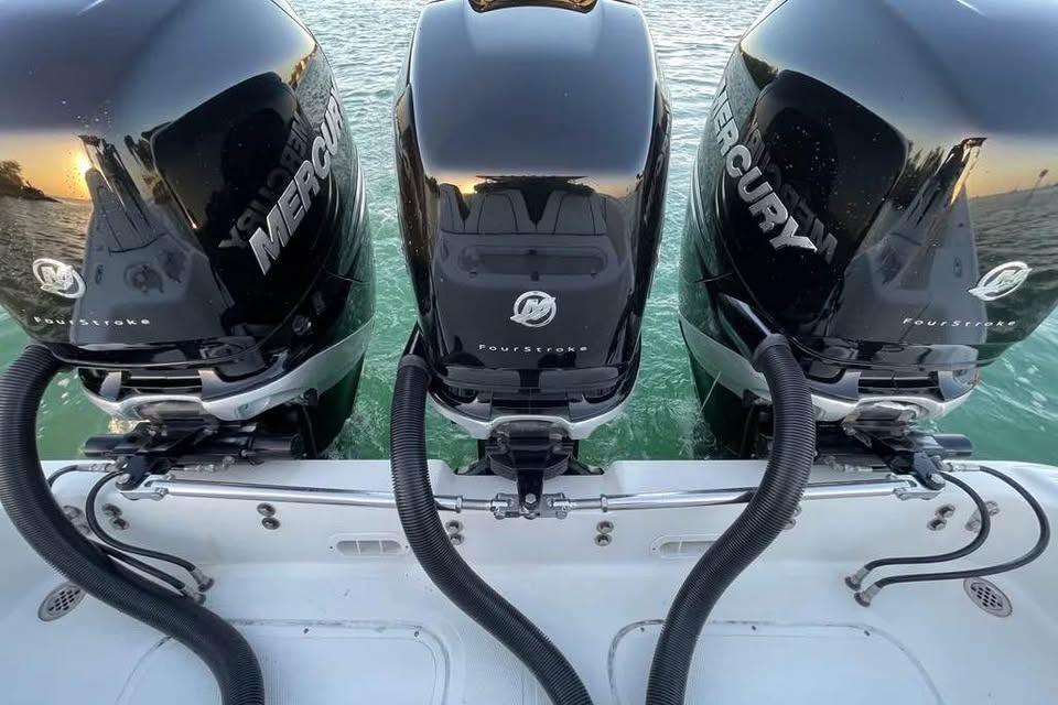 Triple Mercury outboard engines on a 2009 Midnight Express 34 Open boat.