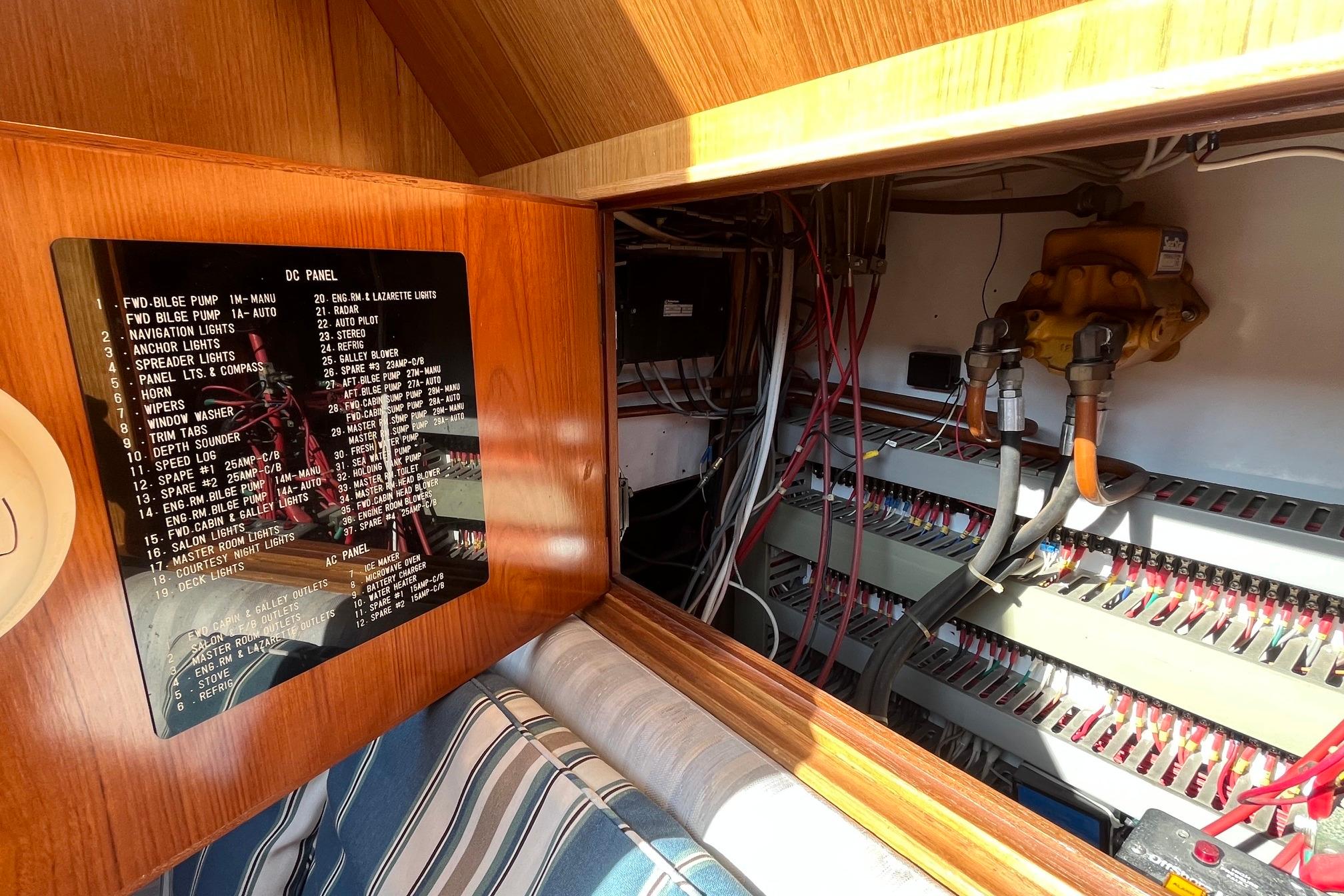 Electrical panel and wiring inside a 1989 Ocean Alexander 440 Sundeck CPMY yacht.