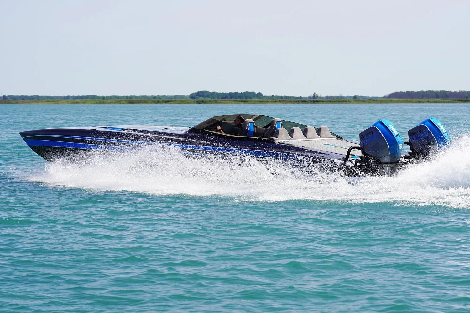 Manufacturer Provided Image: 2026 Statement 360 CAT speedboat cruising on open water with dual outboard engines.