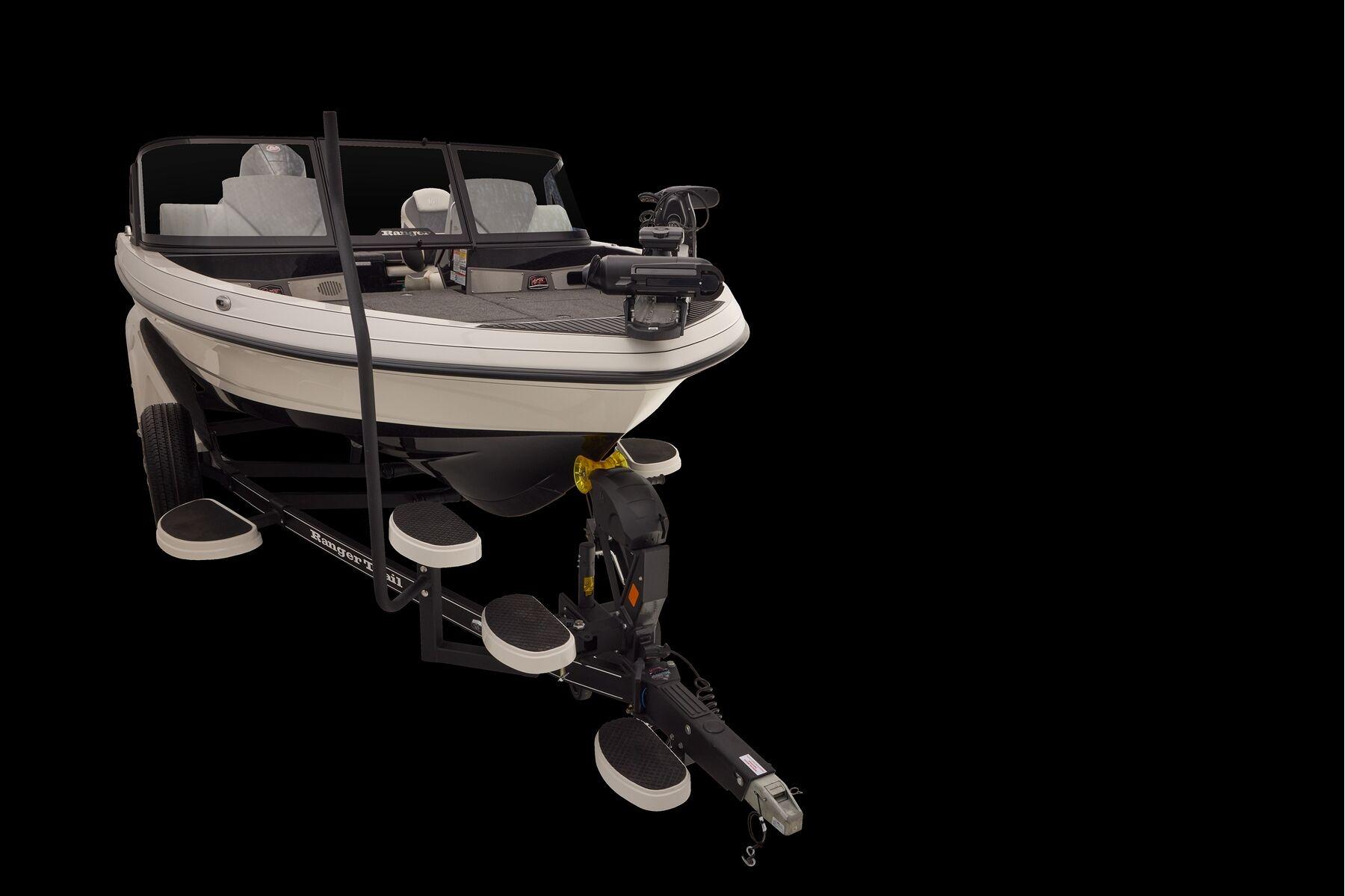 Manufacturer Provided Image: 2026 Ranger 620xFS Pro boat on trailer, front view, black background.