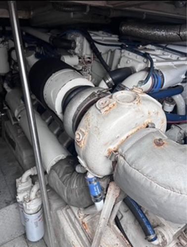 Engine compartment of a 1986 Egg Harbor 60 Sportfisherman boat.