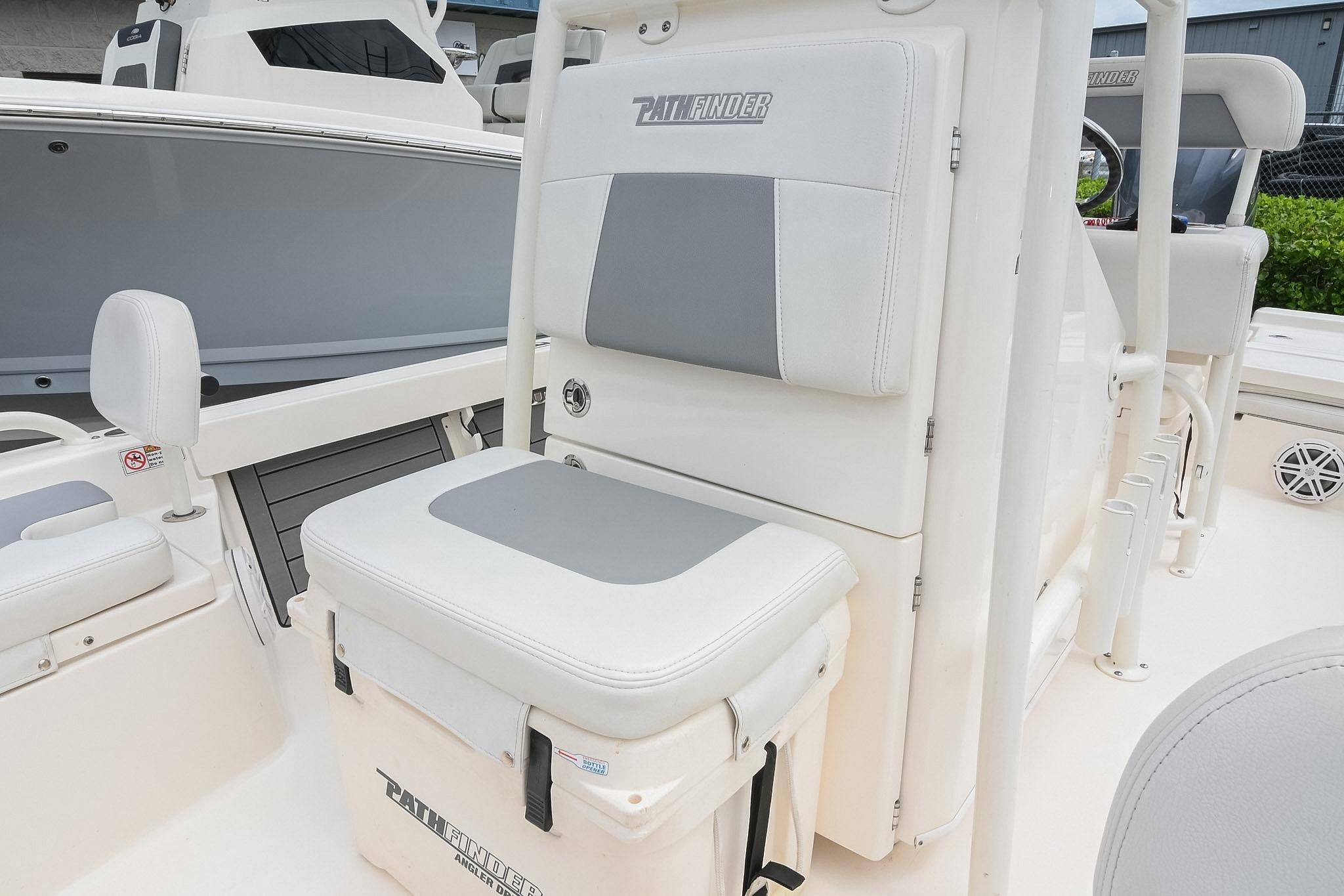 2021 Pathfinder 2200 TRS boat interior with cushioned seating and storage.