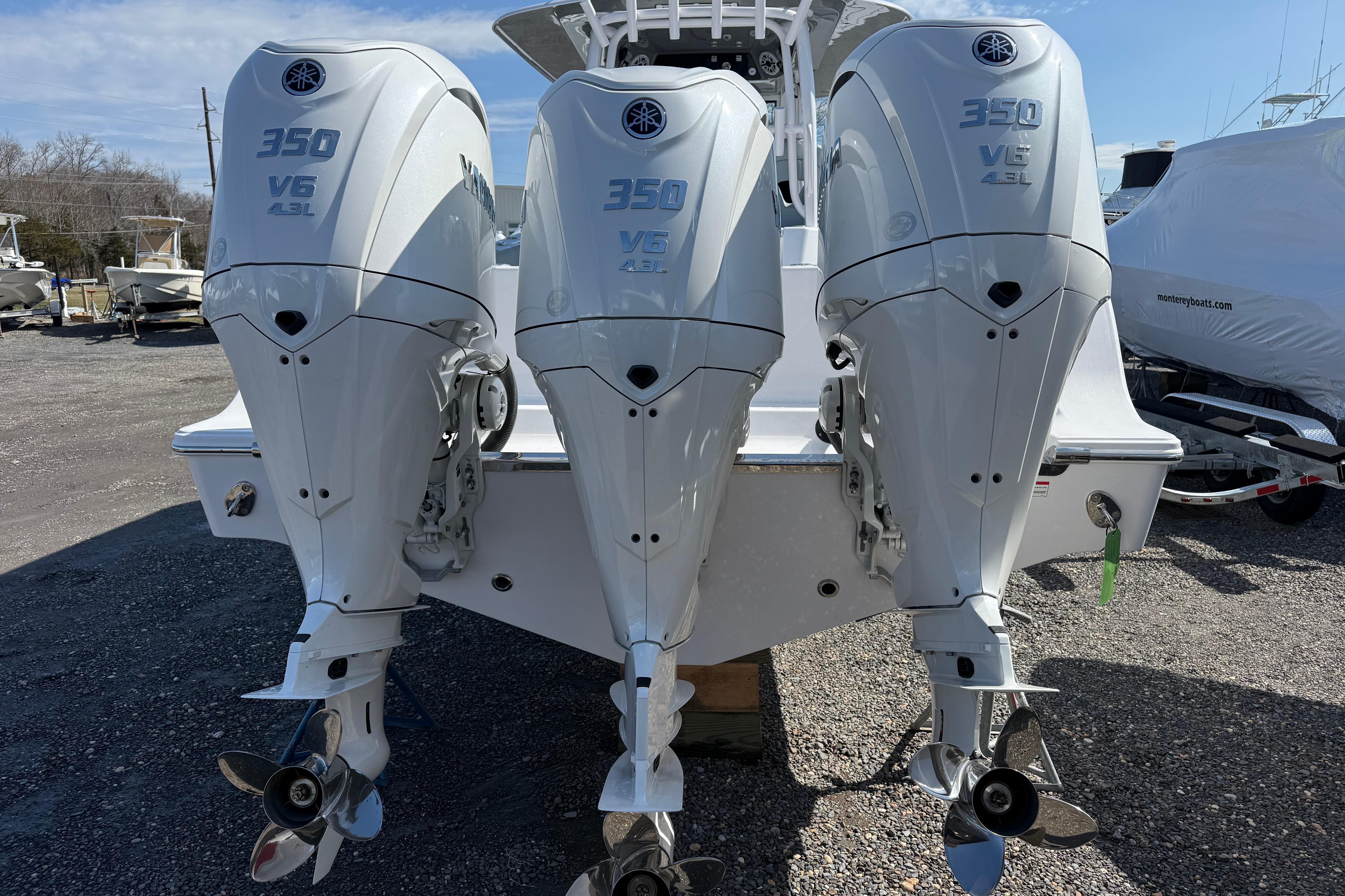 Triple Yamaha 350 V6 outboard engines on a 2026 Sportsman Open 352 Center Console boat.