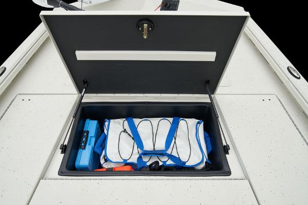 Manufacturer Provided Image: Manufacturer Provided Image: Open storage compartment on 2025 Ranger RB210 boat with gear and equipment.