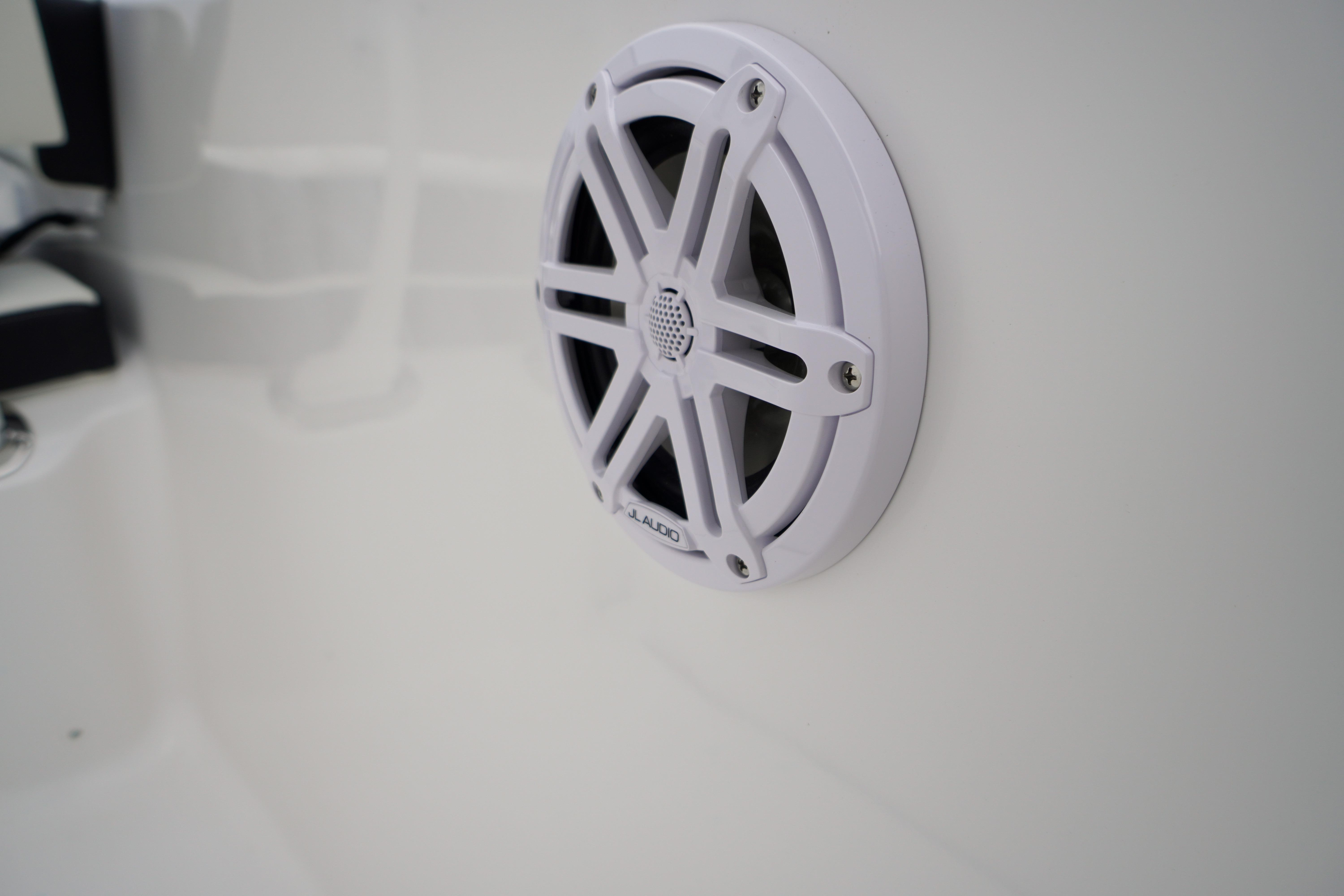 Close-up of a white speaker on a 2026 Tidewater 232 SS boat.