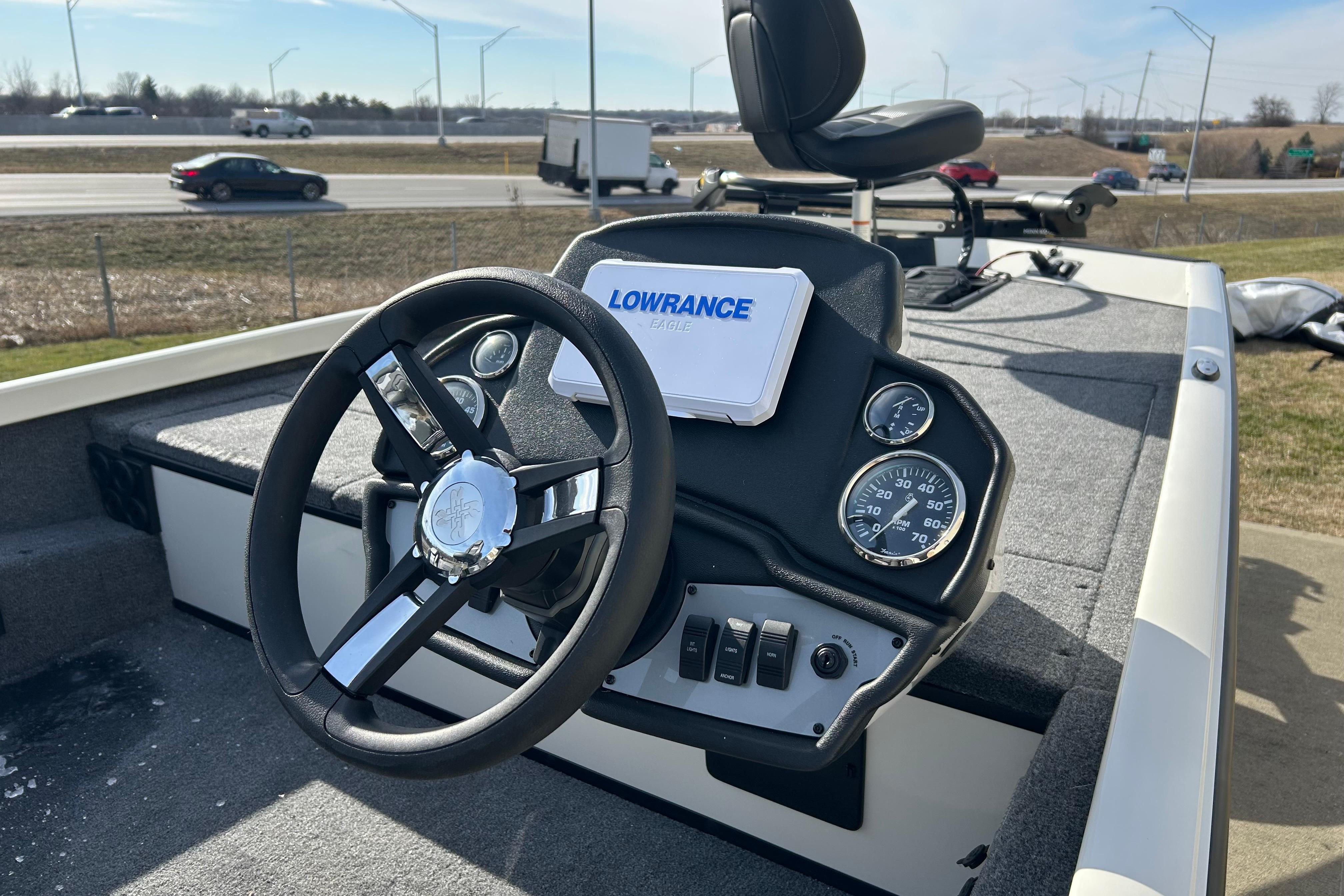 2026 Ranger RT188 boat dashboard with steering wheel and Lowrance electronics.