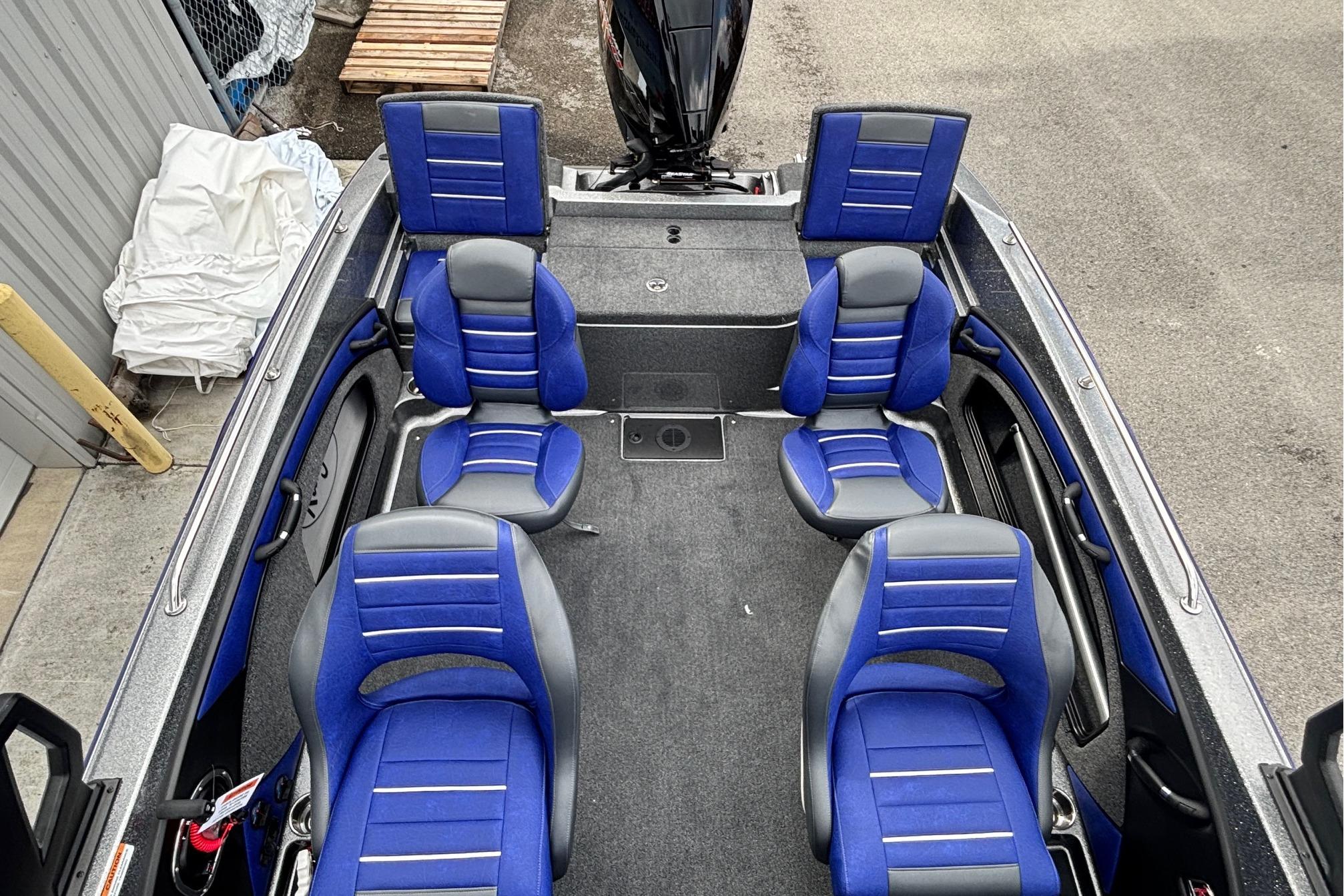 2026 Ranger 1880MS A Pack boat interior with blue and gray seating arrangement.